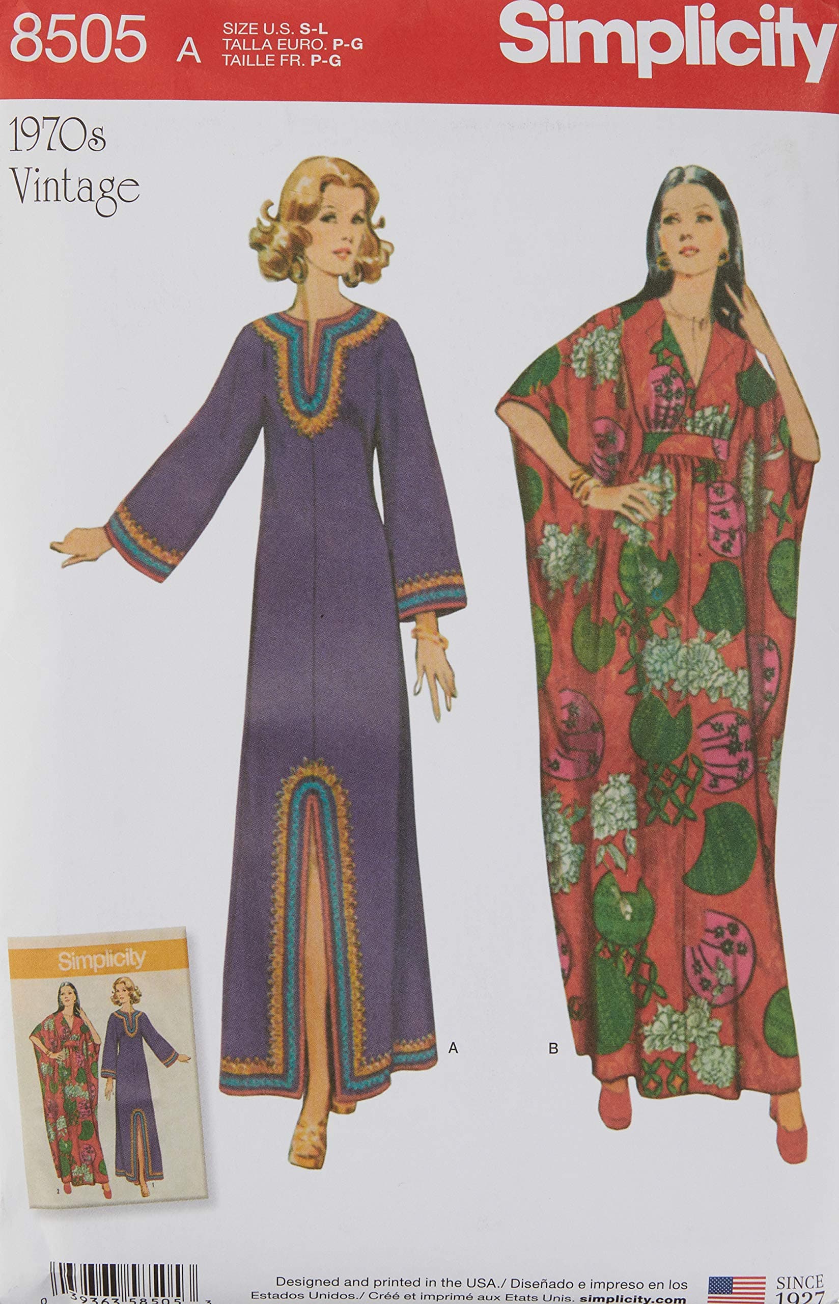 1970's Vintage Fashion Women's Ankle Length Caftan Sewing Patterns, Sizes 10-20