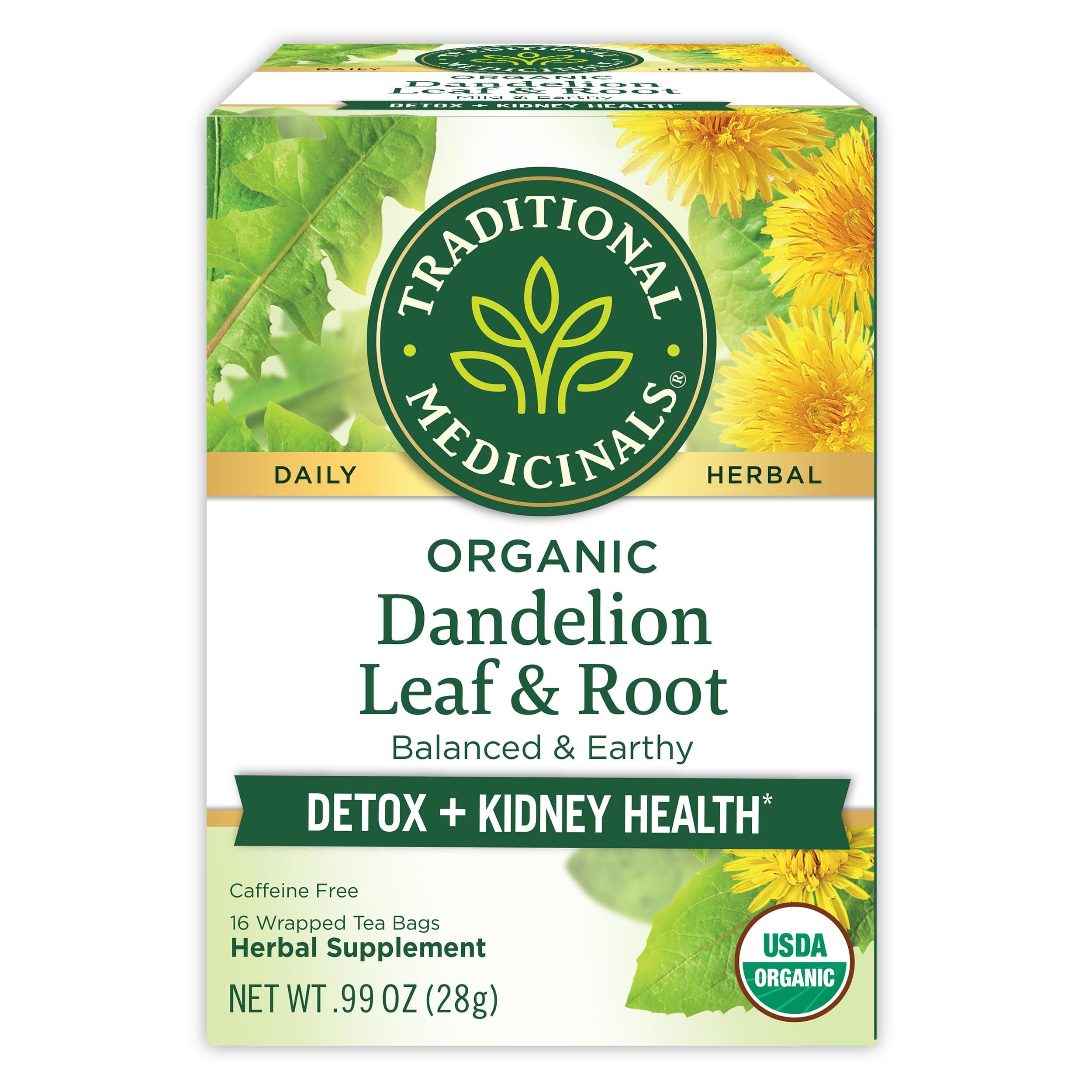 Traditional Medicinals Organic Dandelion Leaf & Root Tea Bag | To Detox & Supports Healthy Digestion | Caffeine Free | Herbal Supplement | 16 Tea Bags (Pack of 1)