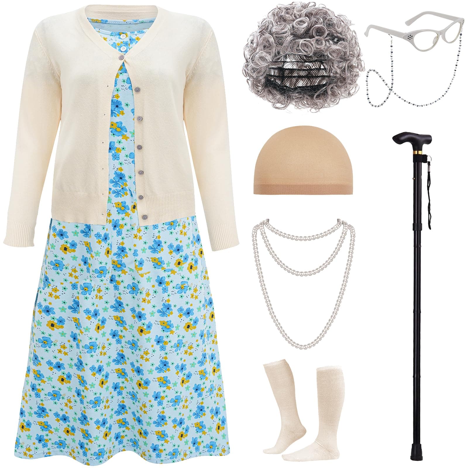 Womens Old Lady Costume adult 100 Days of School Grandma Wig Nightgown Dress Sweater