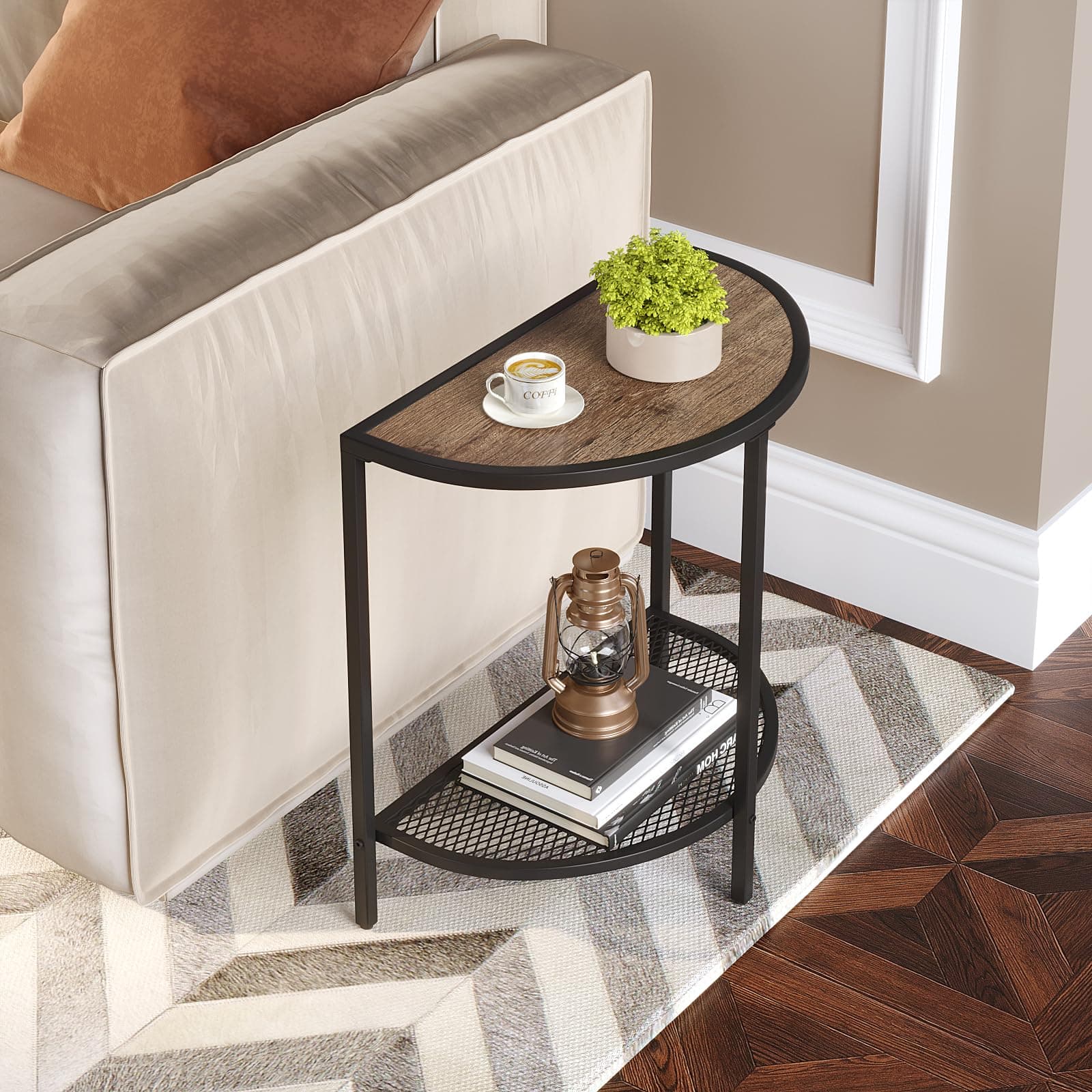 SAYGOER Small Side Table 19.7'' Half Moon Side Tables for Living Room 18.7"*10.4" Unique Bed Night Stand for Home Balcony 2 Tier Couch Tables with Storage Shelf, Adjustable Feet, Boho Dark Walnut