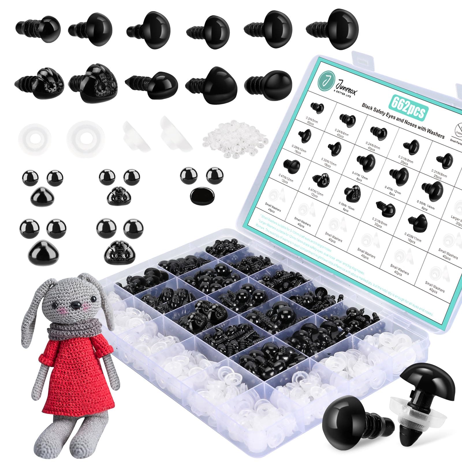 662Pcs Safety Eyes and Noses for Amigurumi, Junreox Preimum Safety Eyes for Crochet Animals, 5-14mm Assorted Crochet Craft Eyes with Washers for Dolls Plushies Toys, Stuffed Animals, Teddy Bear, Black