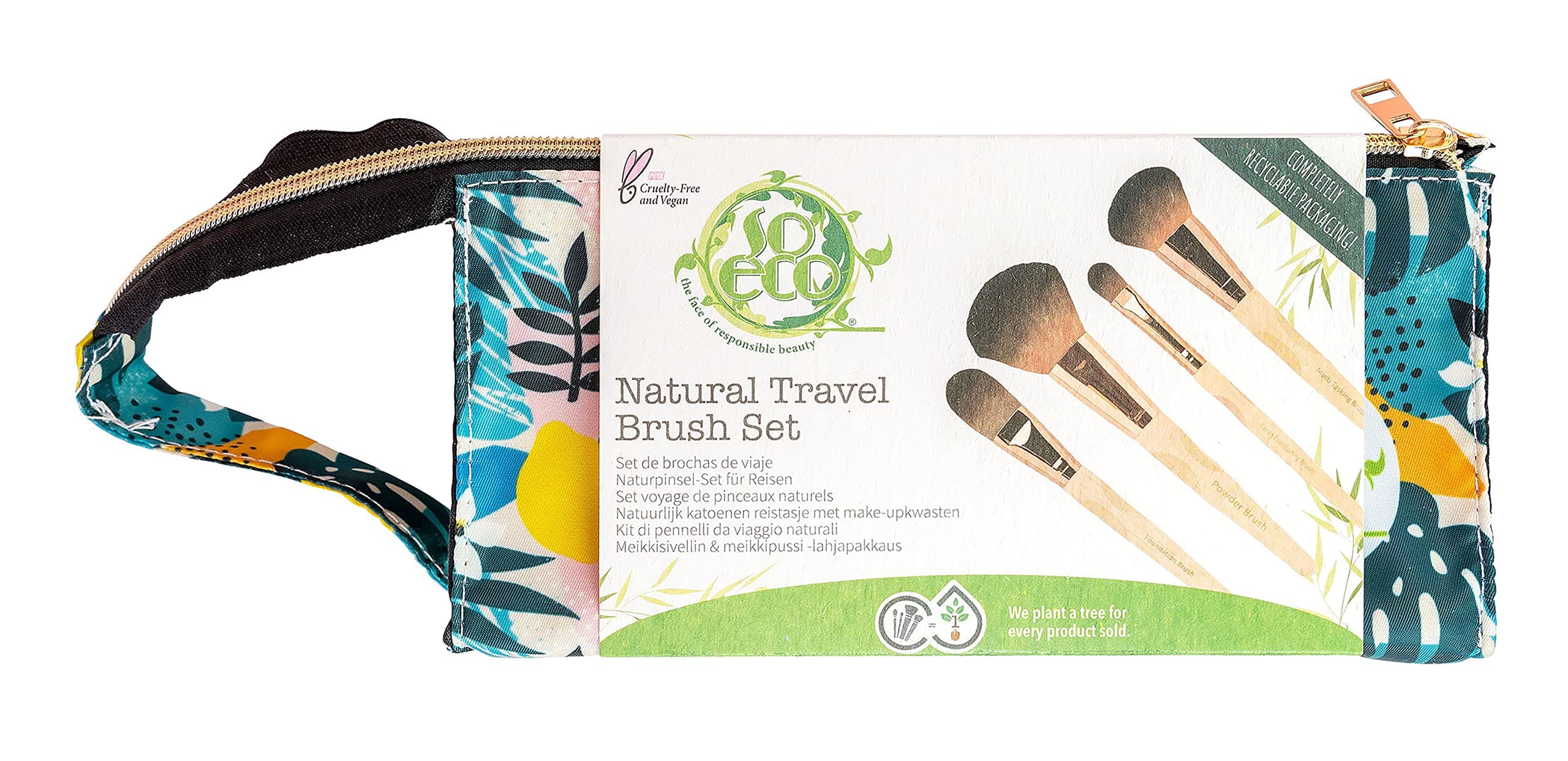 Natural Travel Makeup Brush Set – Set of 4 Vegan & Cruelty-Free Cosmetic Brushes for Face & Eyes with Travel Pouch, Ideal for Liquid, Cream & Powder Products