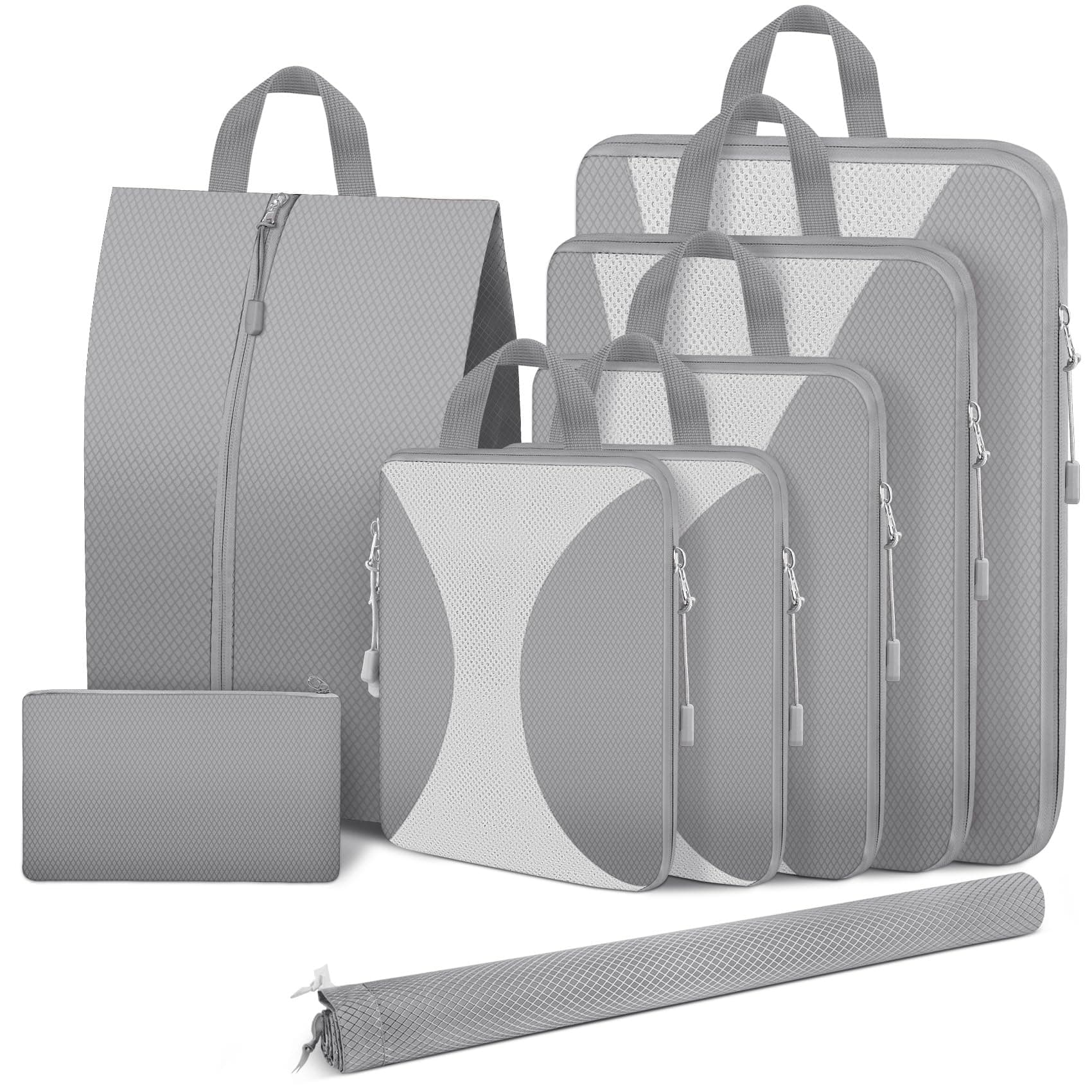 8 Set Compression Packing Cubes for Travel, Lightweight Compression Cubes for Suitcases, Expandable Suitcase Organizer with Shoes & Laundry Bags, Travel Accessories for Men Women, Gray