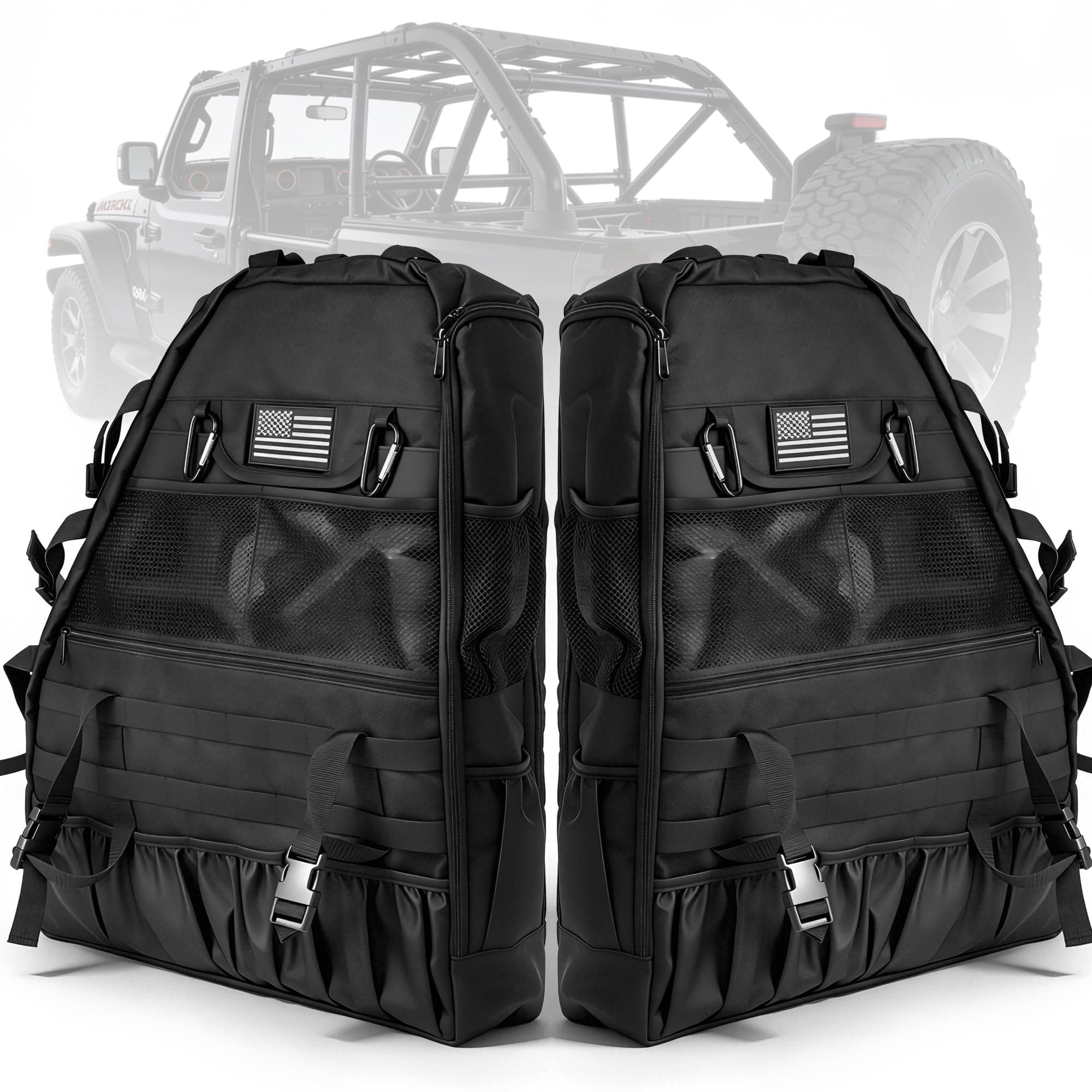 Roll Bar Storage Bags Compatible with Jeep Wrangler JK JL TJ LJ Unlimited 4-Door 1997-2025, Multi-Pocket Rear Cargo Organizer, Heavy Duty Saddlebag for Tools Camping Off-Road Gear