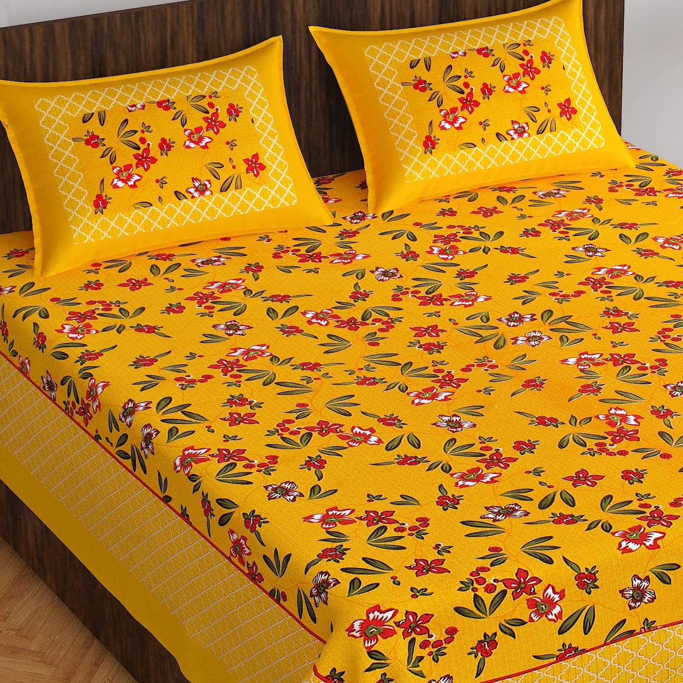 BedZone Cotton Rajasthani Jaipuri Tradition Floral King Size Double Bed Bedsheet with 2 Pillow Covers (B-Yellow)