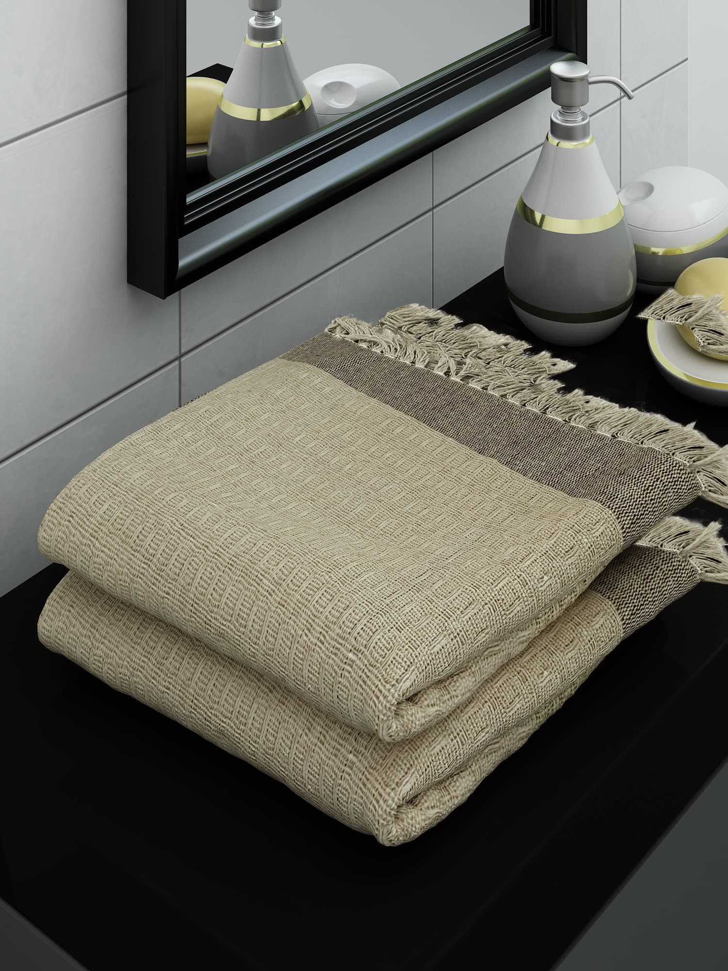 Athom Living Ecosaviour Premium Cotton Bath Towel Waffle Beige (Pack of 2)