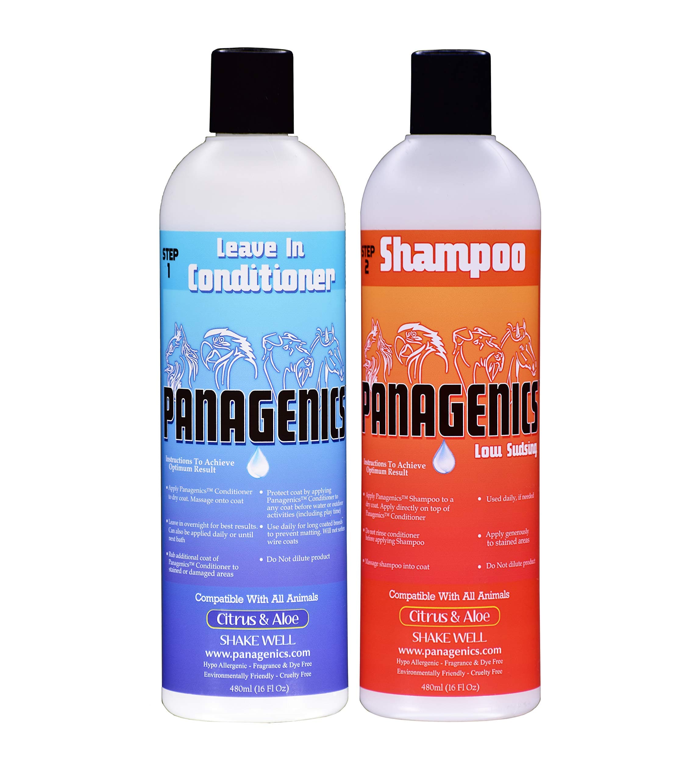 | Pet Shampoo and Leave-in Conditioner Combination Set (16 Ounce Bottles) - Safe for All Animals, Unscented, Contains Citrus and Aloe