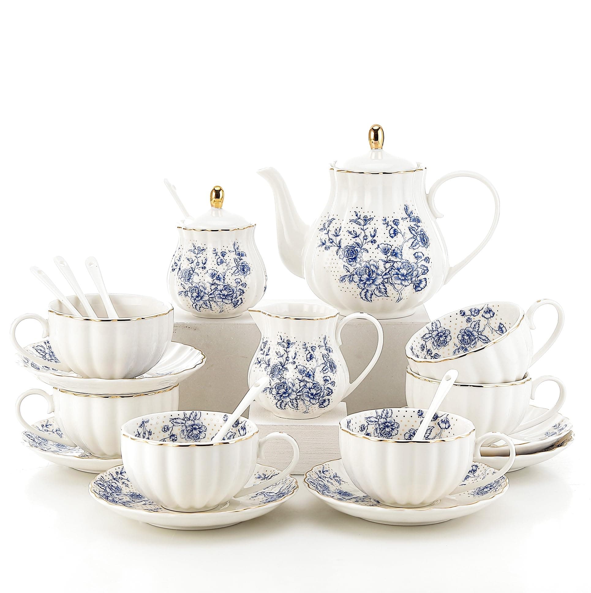 22 Pieces Porcelain White Tea Sets for Adult,Gold British Tea Set for Women,European Tea Set for Party,White Coffee Cup (Blue), just right size, HFB0001P