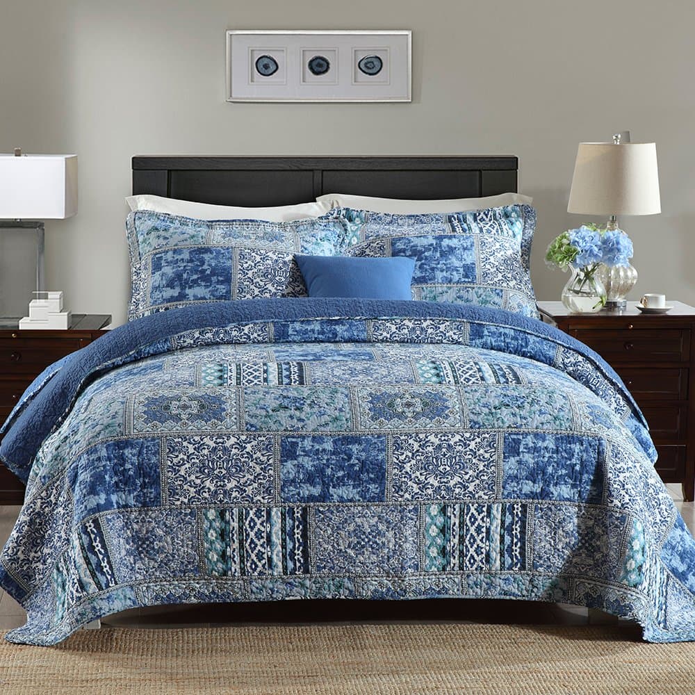 Cotton Bedspread Quilt Sets-Reversible Patchwork Coverlet Set, Blue Classic Bohemian Pattern,Twin Size