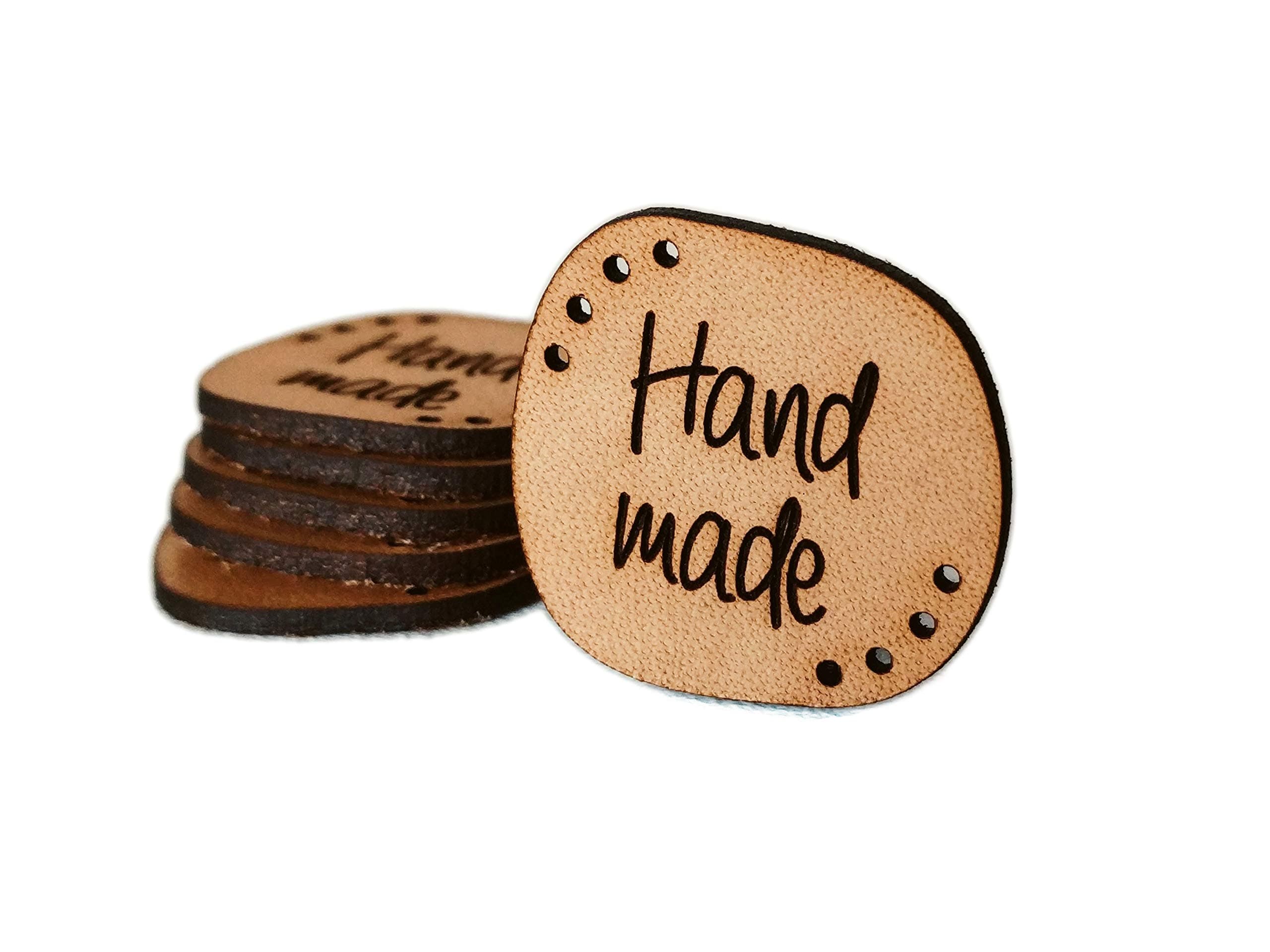 Handmade Leather Labels"Hand Made" Mod. HMS2 - Exclusive Engraved Genuine Italian Leather Tags (Standard Text - 15 Pieces)