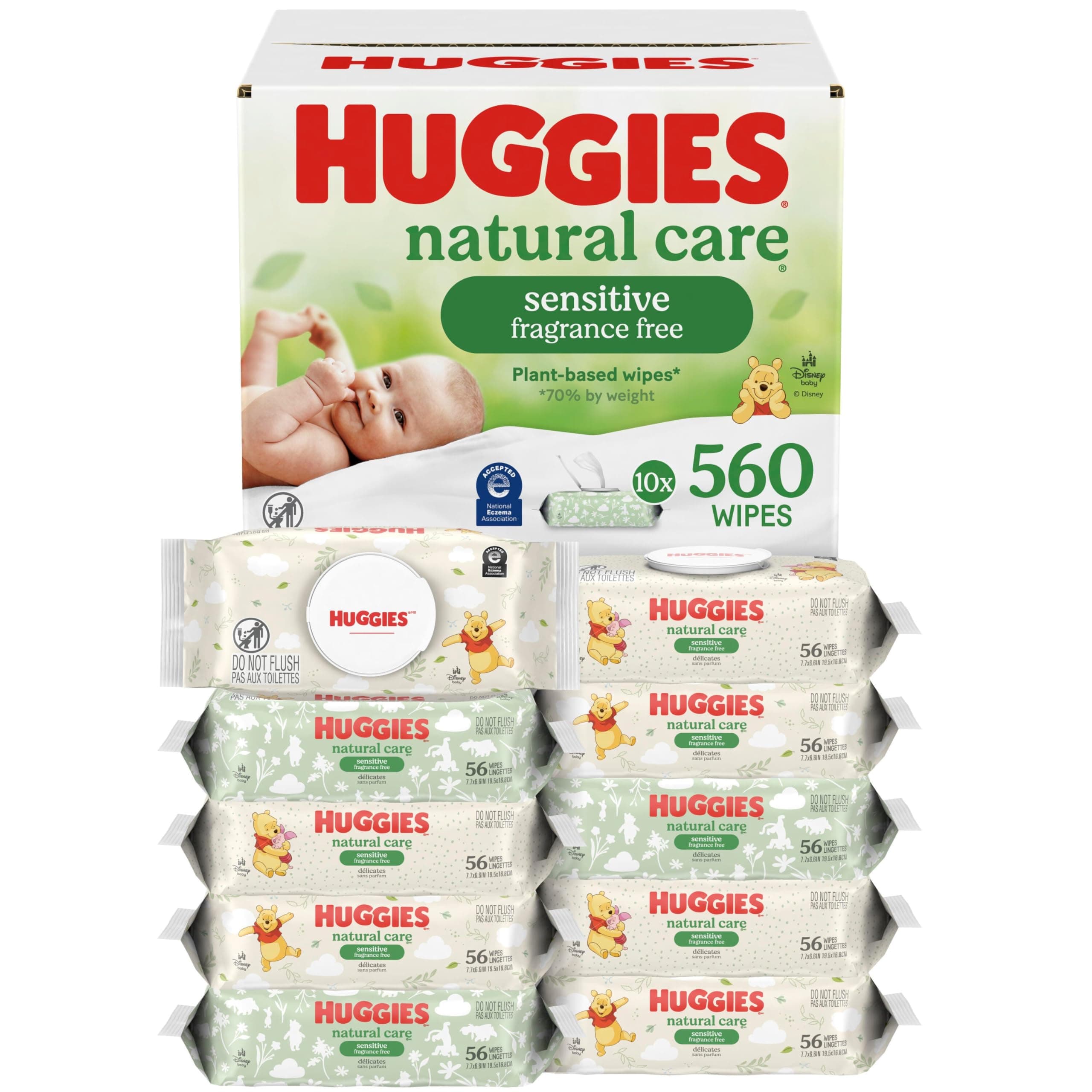 Huggies Natural Care Sensitive Baby Wipes, Unscented, Hypoallergenic, 99% Purified Water, 10 Flip-Top Packs (560 Wipes Total)