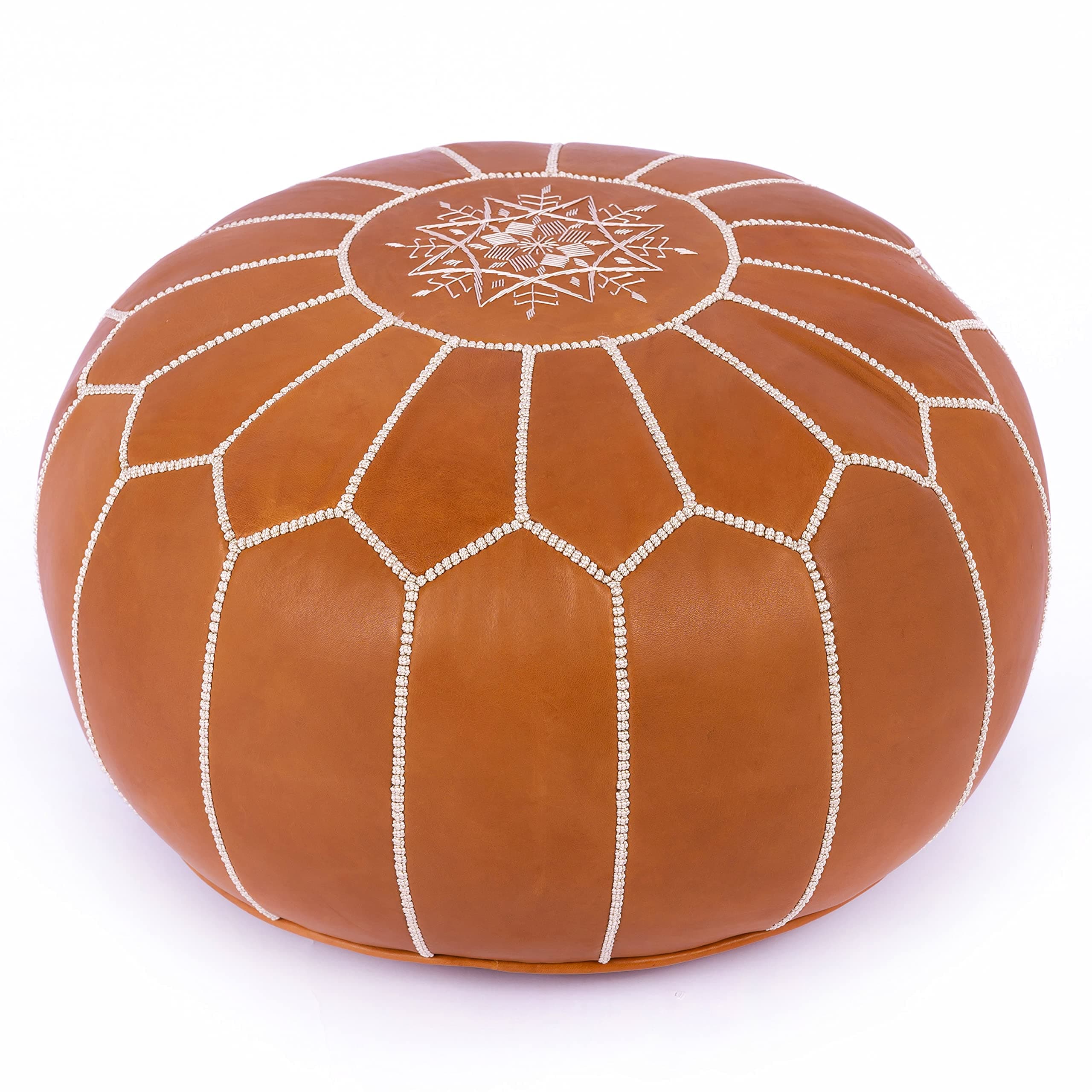 Maison Marrakech | Premium Beautiful Handmade Real Moroccan Tan Brown Leather Footstool Pouf from Marrakech | Colour Tan Brown with White Stitching | Delivered unstuffed 22.5 x 12.5 inches