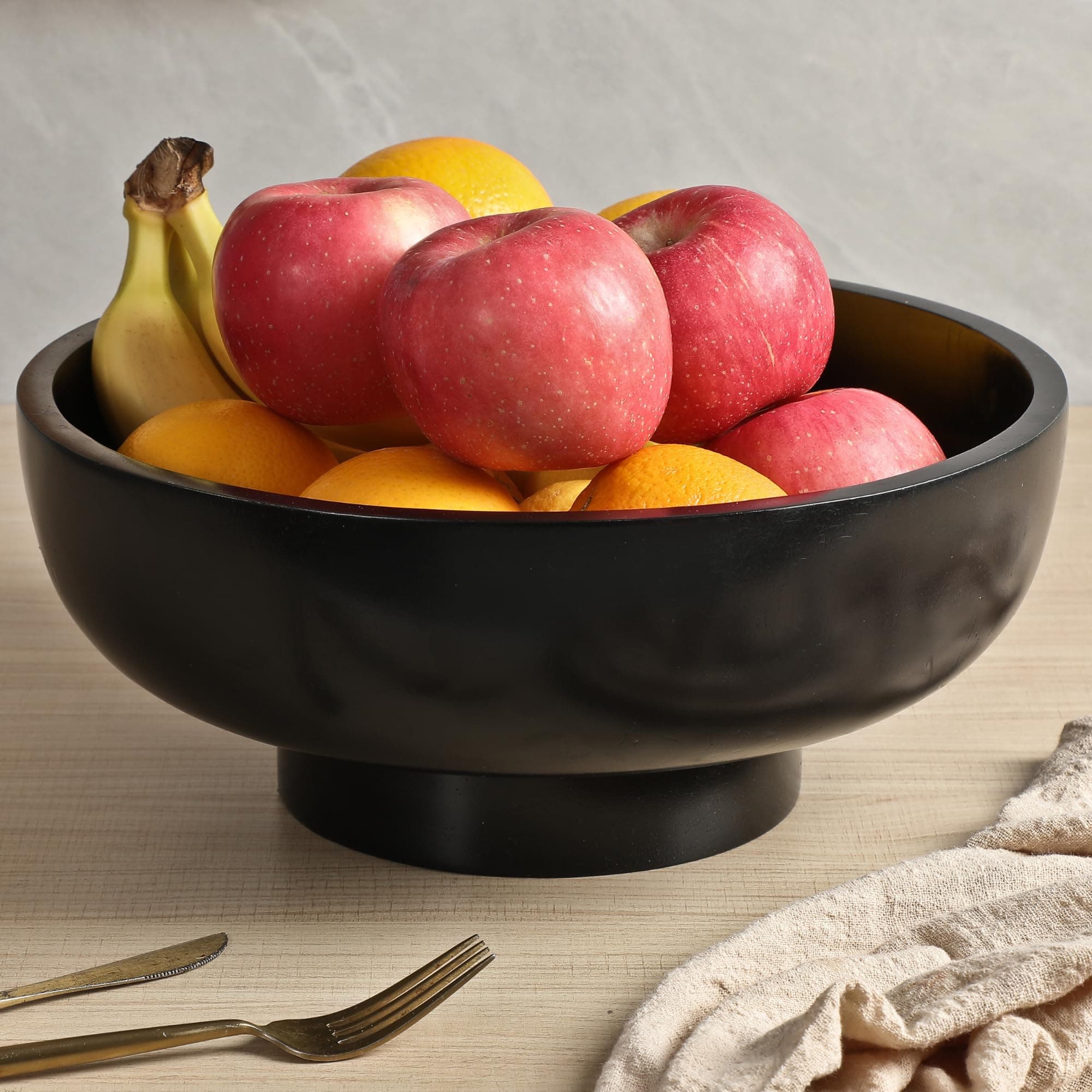 Food Safe Solid Wood Black Fruit Bowl for Kitchen Counter, 12-inch Diameter