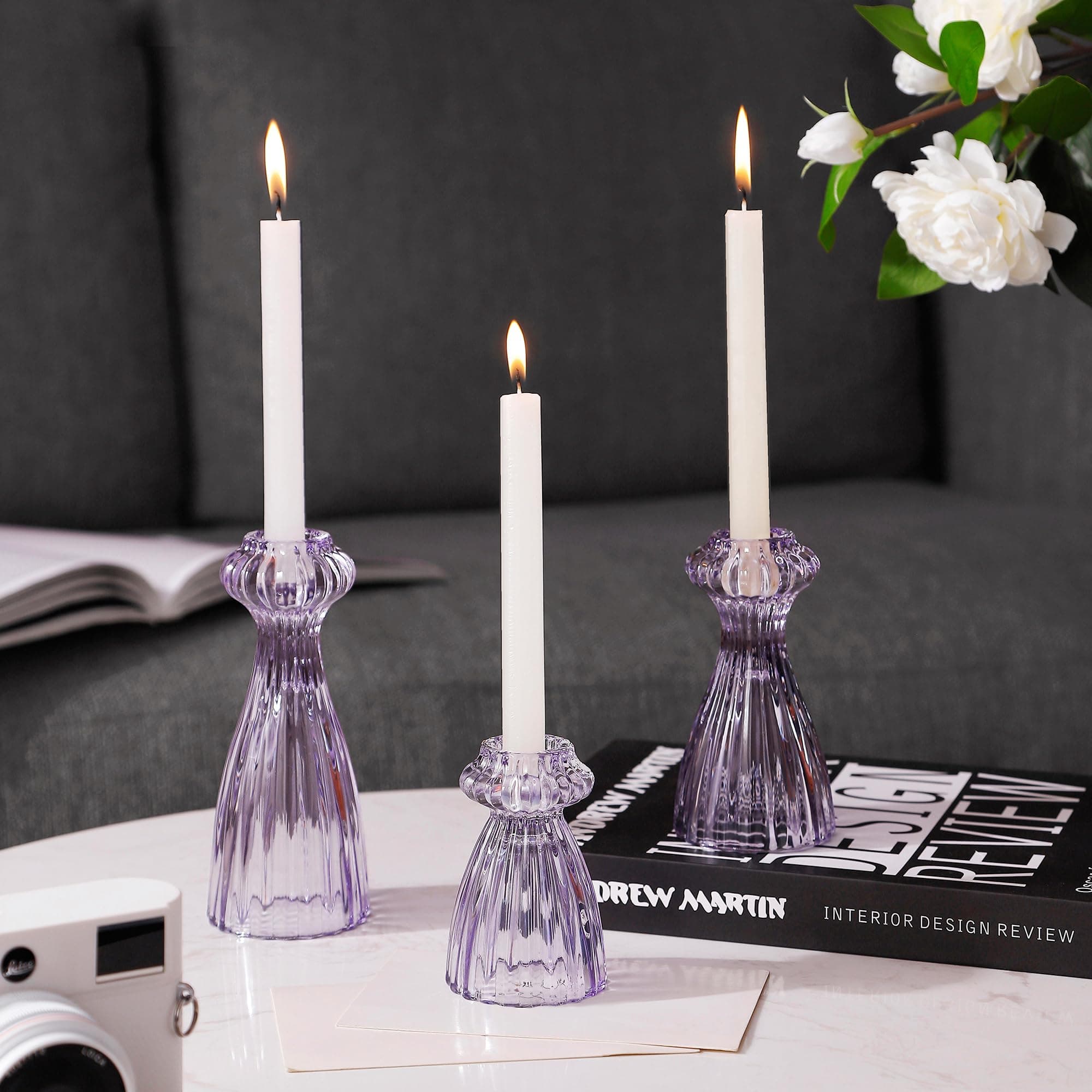 Lysenn Glass Candle Stick Holder Set of 3 – Premium Taper Candle Holders for Romantic Ambiance - Candle Sticks Holder Decor for Special Occasions - Purple