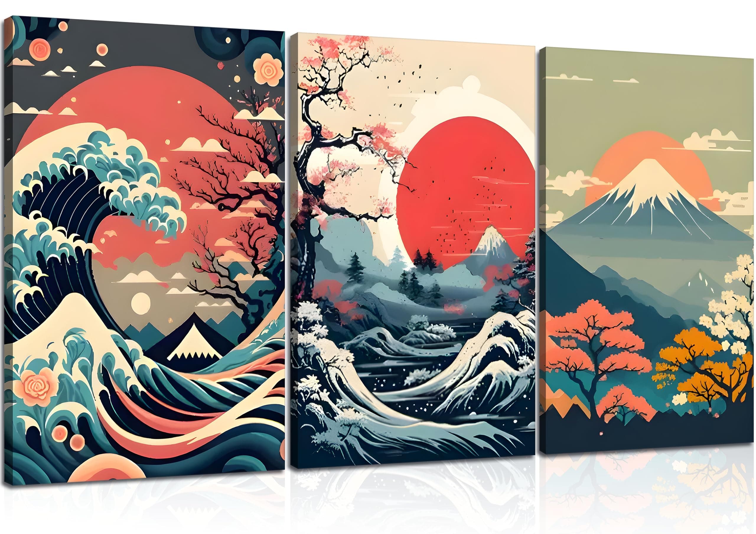 3Pcs Japanese Wall Art Asian Nature Landscape Posters Pictures Kanagawa Giant Wave Canvas Prints Mount Japanese Fuji Art Paintings Cherry Blossom Lake Wall Decor for Living Room Bedroom Office Framed