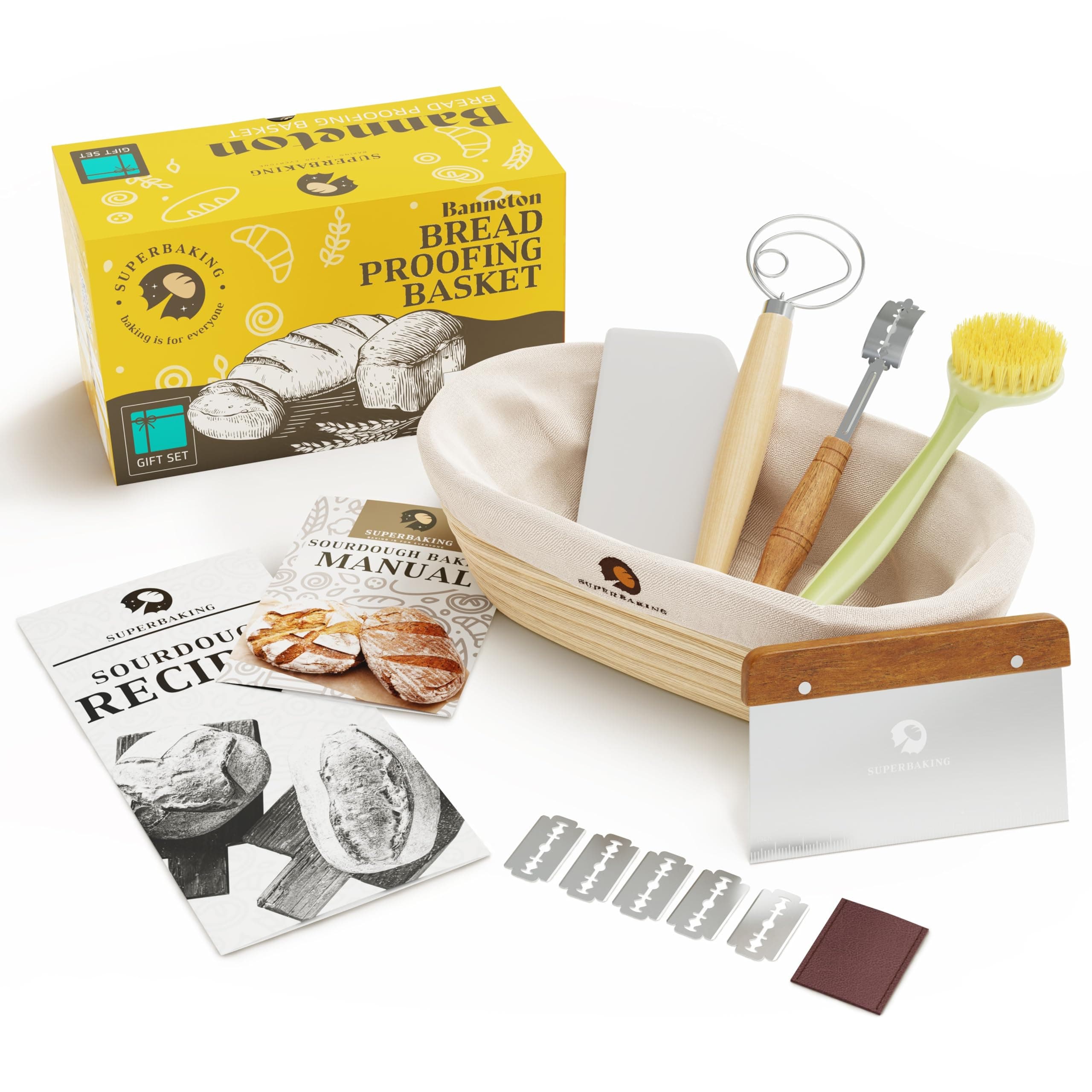 Superbaking Banneton Bread Proofing Basket Gift Set for Bakers, Oval 10" Sourdough Proofing Basket for Bread Making Tools Supplies, Banneton Basket Sourdough Bread Baking Supplies, Artisan Bread Kit