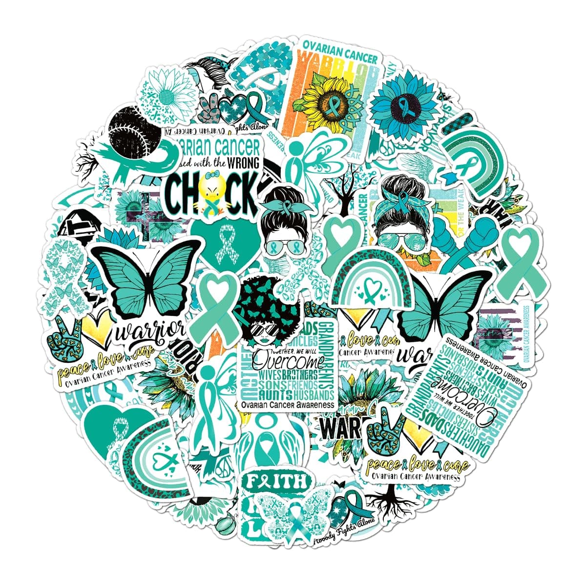 50 Pack Pcs Teal Ovarian Cancer Awareness Ribbon Stickers for Water Bottles Waterproof Vinyl Laptop Helmet Inspirational Sticker Packs Bulk Set Adults Women Aesthetic Small Decals