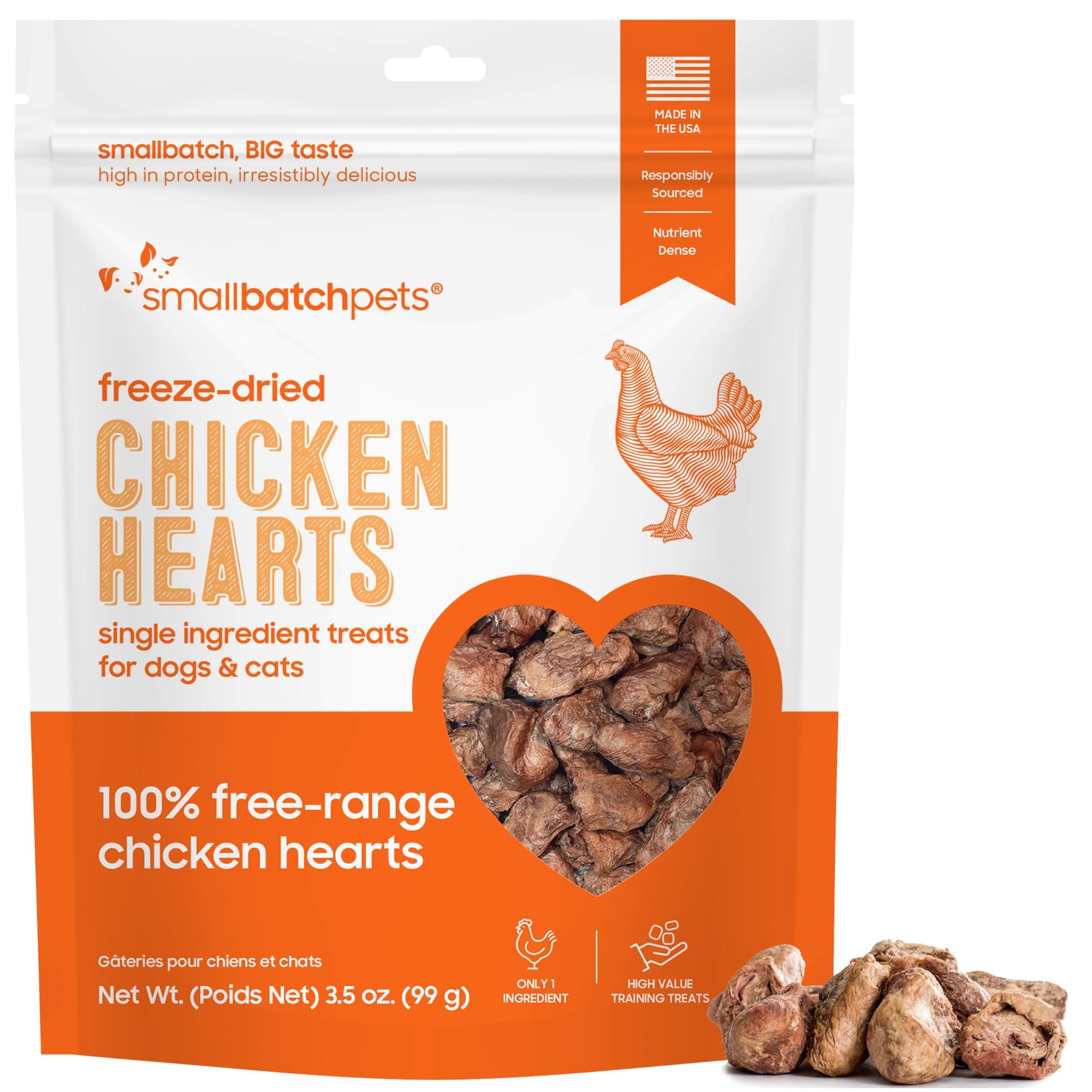 smallbatch Pets Premium Freeze-Dried Chicken Heart Treats for Dogs and Cats, 3.5 oz, Made and Sourced in The USA, Single Ingredient, Humanely Raised Meat, No Preservatives or Anything Artificial Ever