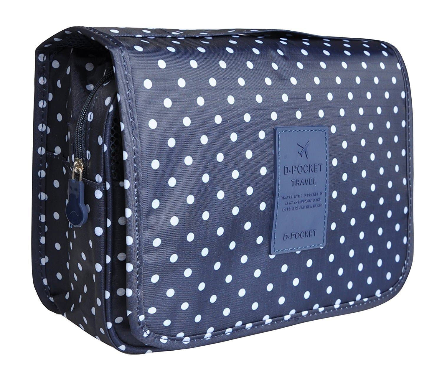 Hanging Travel Makeup Cosmetic Bag - Lady Color Foldable Organizer Travel Kit Makeup Toiletry Bathroom Bag for Women/Men, Shaving Kit with Hanging Hook for vacation (Navy Dot)