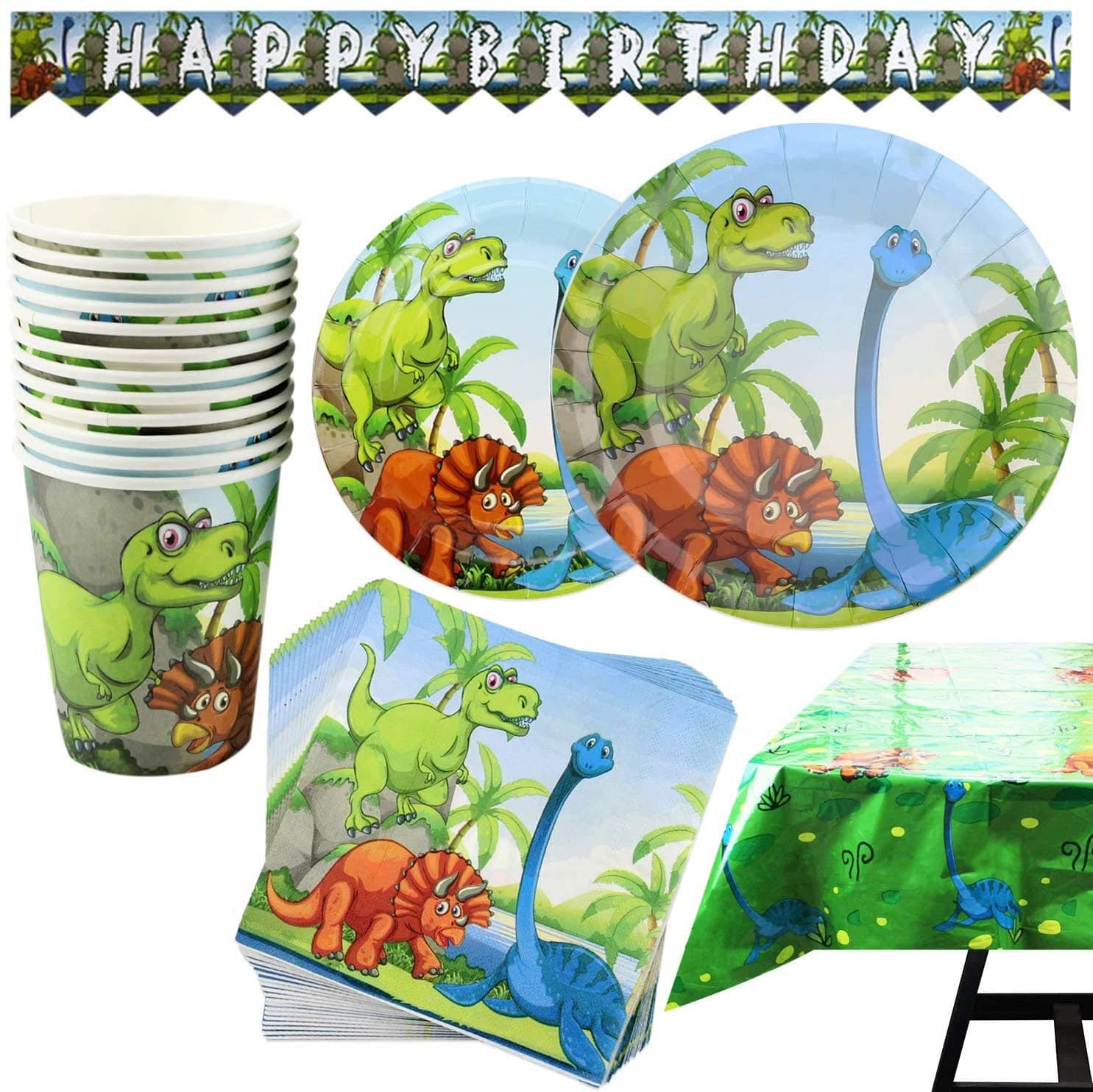 dinosaur birthday decorations Set - 102 Piece dinosaur party decorations kit with Banner, Plates, Cups, Napkins, Tablecloth - Serves 25, Perfect for Kids' Birthday Parties and Themed Celebrations