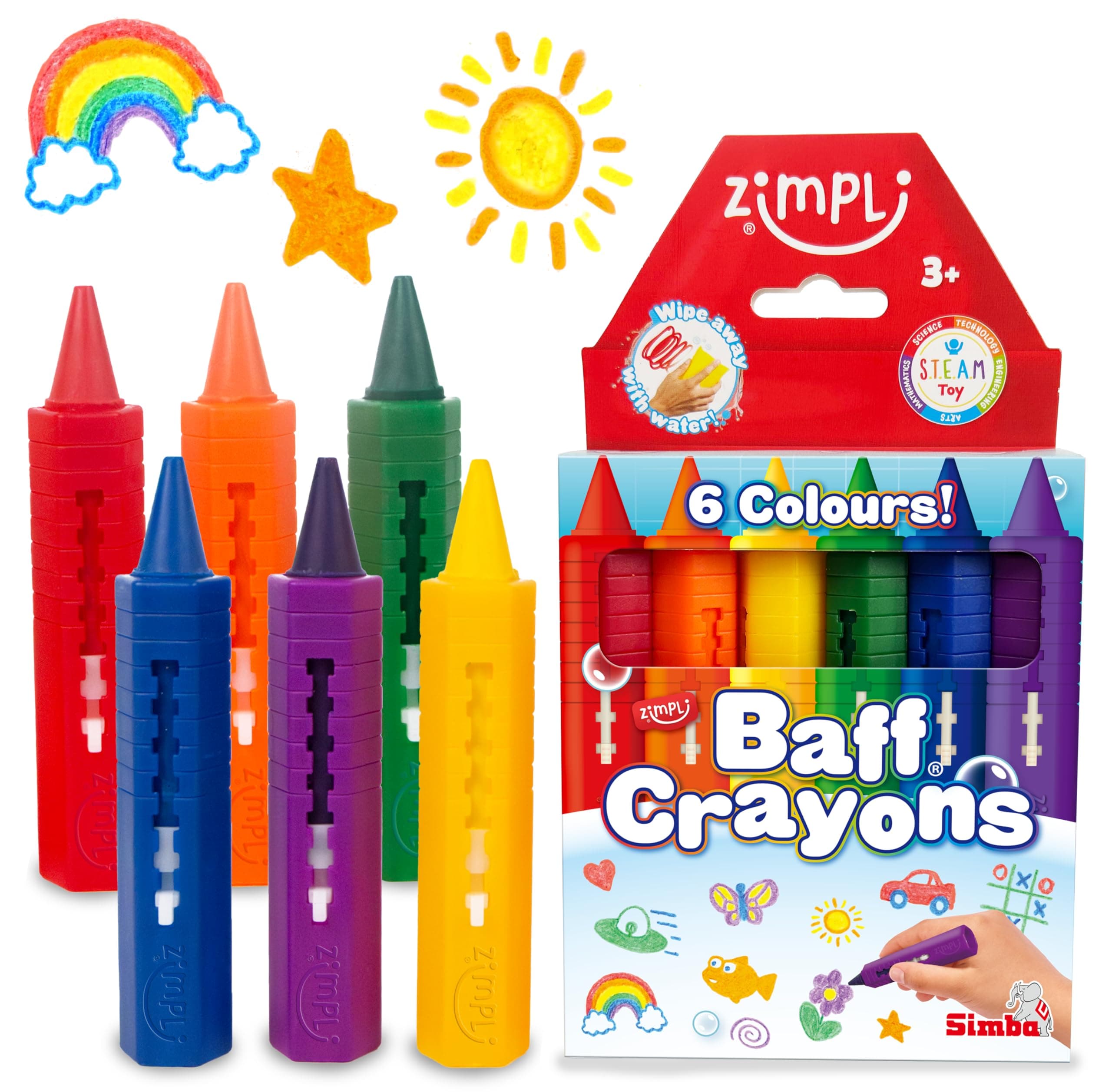 ZIMPLI - 6 Large Bath Crayons, Washable Colourful Kids Bath Pens, Creative Mess-Free Shower Toy, Wipe Clean Bath Fun, Paint Sticks for the Tub, Arts & Crafts