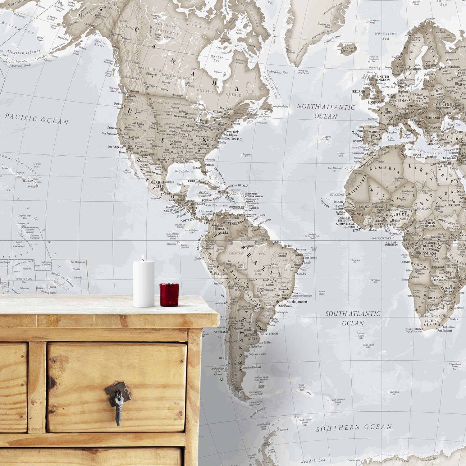 Maps International - Giant World Map Mural - Mega-Map Of The World Wallpaper - 91 x 62 - Neutral Colors