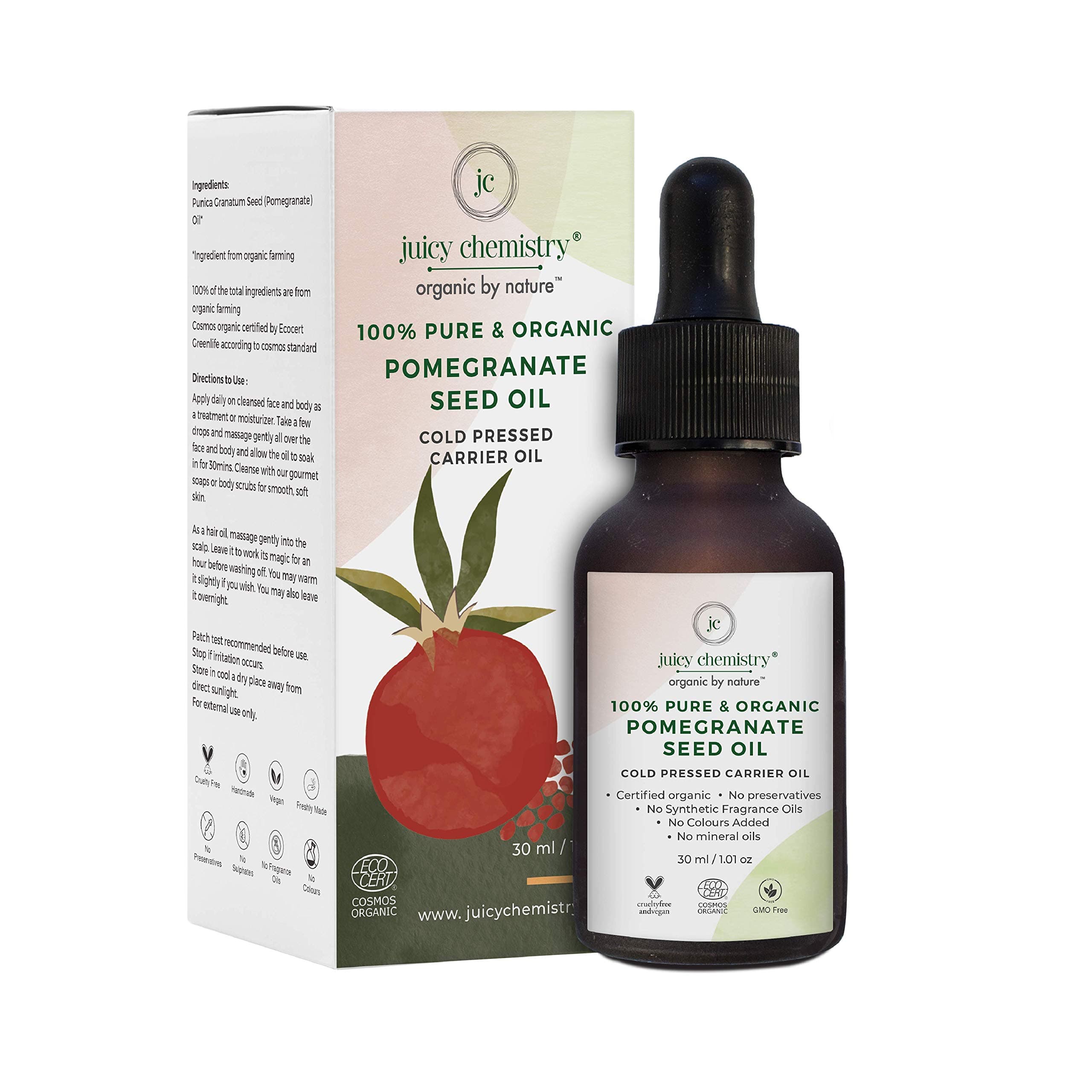Juicy Chemistry 100% Organic Pomegranate Seed Oil, Cold Pressed Carrier Oil, 30 Ml