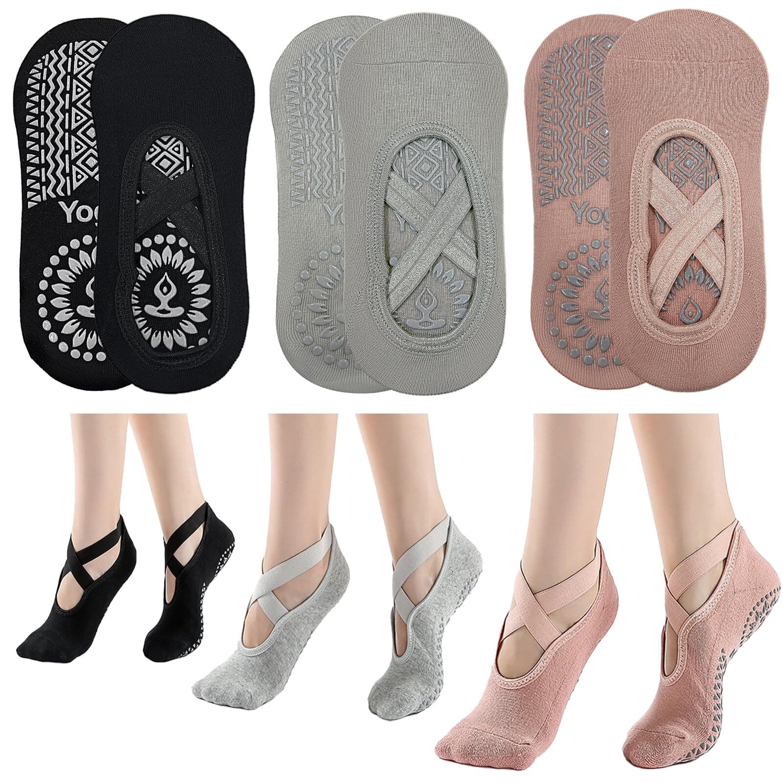 Non Slip Socks Yoga Pilates Socks for Women Girls, Trainer Socks Grippy Socks Floor Sock Anti-Slip Grips & Straps, One Size Breathable Socks for Fitness Ballet