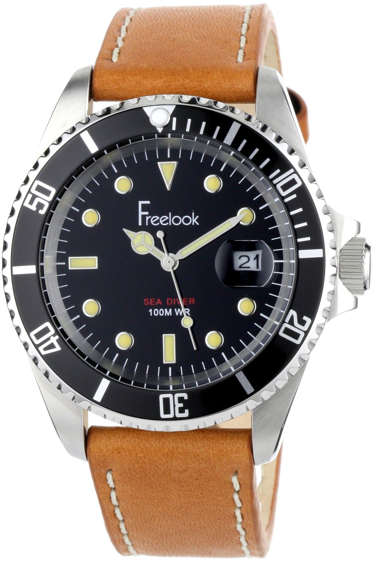Freelook Men's HA5305-4 Sea Diver Stainless Steel Brown Leather Band Black Dial Watch