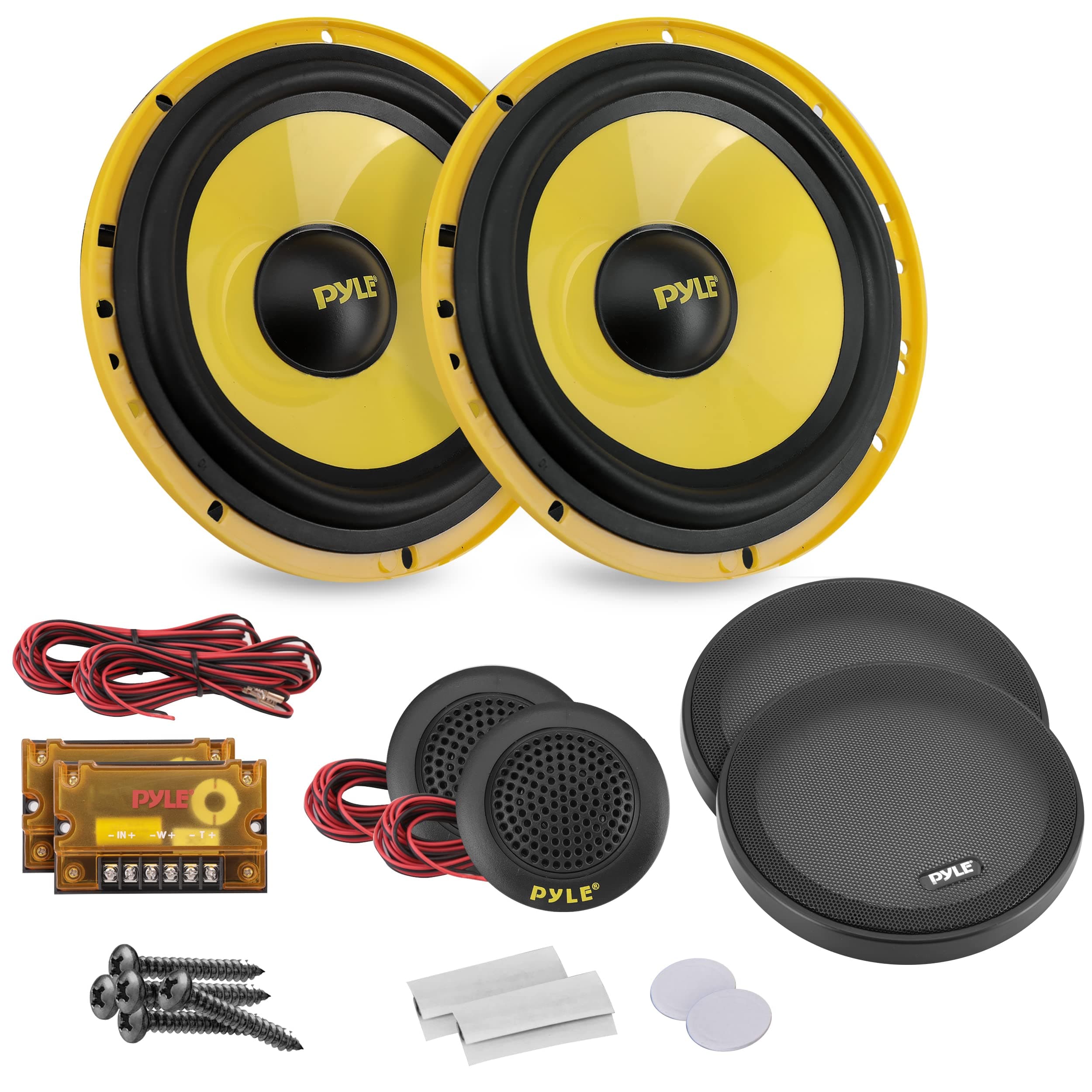 Component Car Speakers 16.5cm – 2-Way 400W High-Performance Audio with Yellow Poly Injection Cone, Butyl Rubber Surround, 1.13kg Magnet, Crossover & Wiring Kit