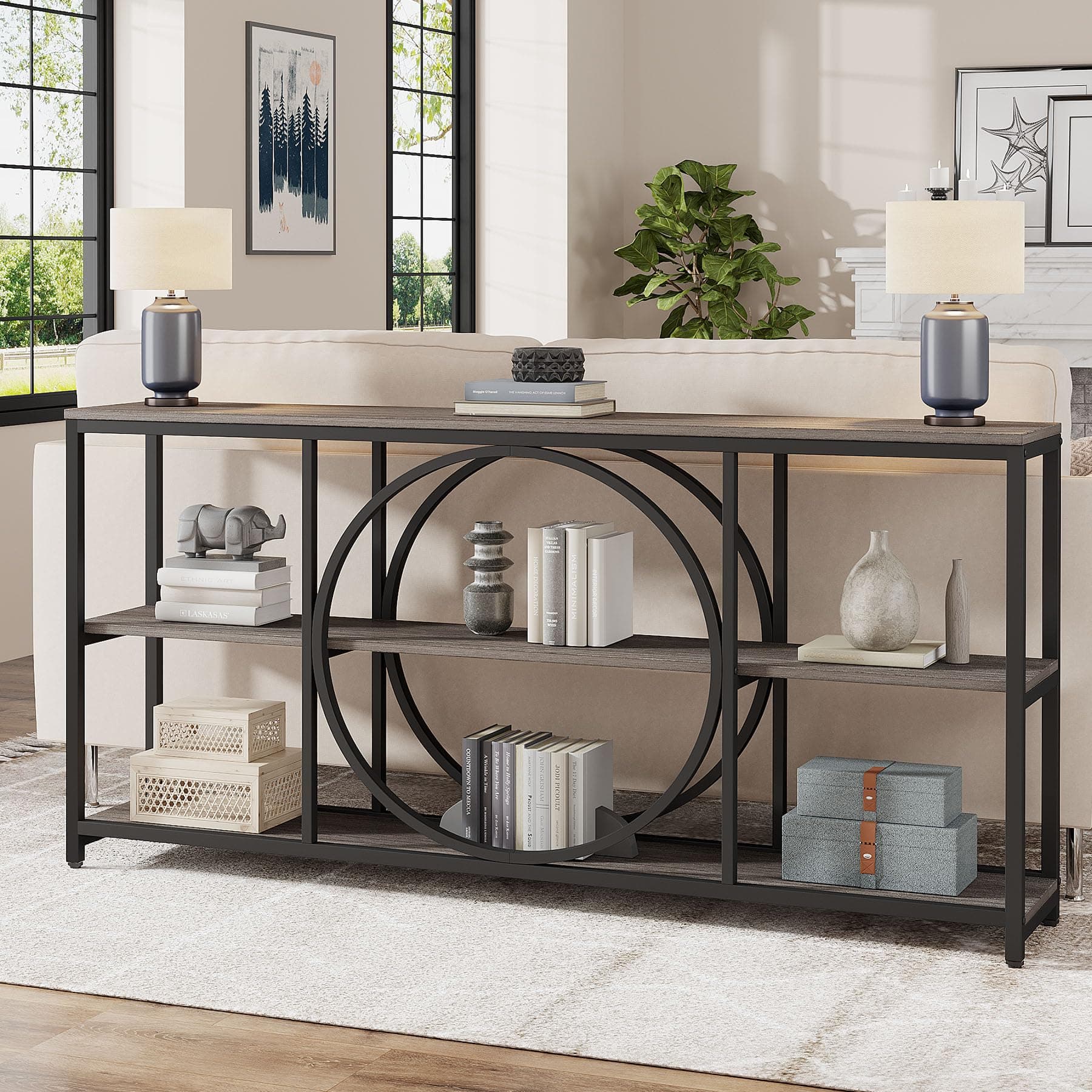 Tribesigns 70.9 inch Sofa Console Table, Extra Long Narrow Entryway Tables with 3 Tier Wood Storage Shelves Metal Frame for Foyer Hallway Living Room Behind Couch, Black Rustic Gray