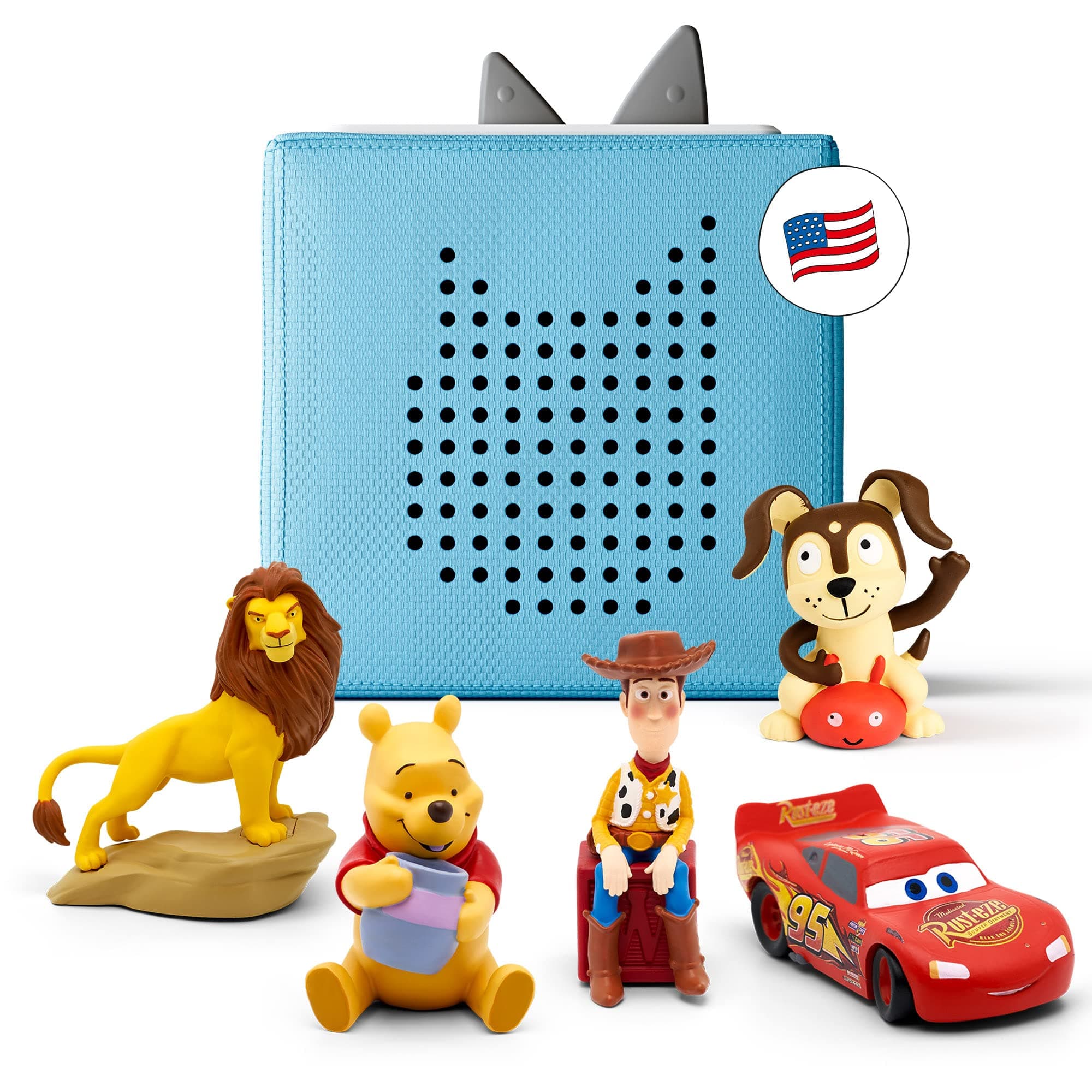 Toniebox 1 Audio Player Bundle with Woody, Lightning McQueen, Simba, Winnie-The-Pooh, and Playtime Puppy - Listen, Learn, and Play with One Huggable Little Box - Light Blue [Discontinued]