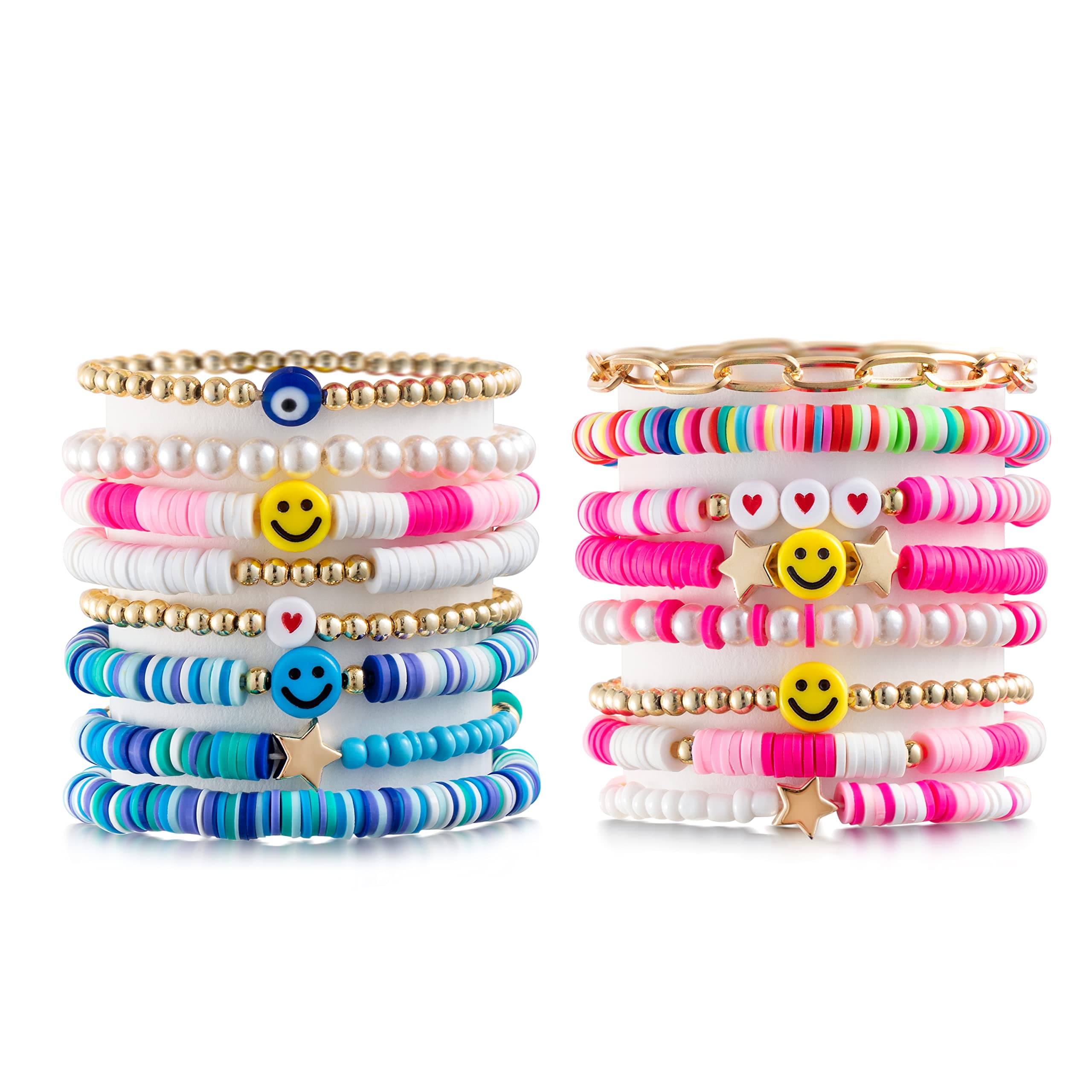 LieToi Preppy Heishi Bracelets Set Colorful White Gold Smile Heart Star Evil Eye Beaded Polymer Clay Pearl Stackable Charm Y2K Kidcore Summer Beach Bohemian Layering Bracelets Jewelry for Women Girls