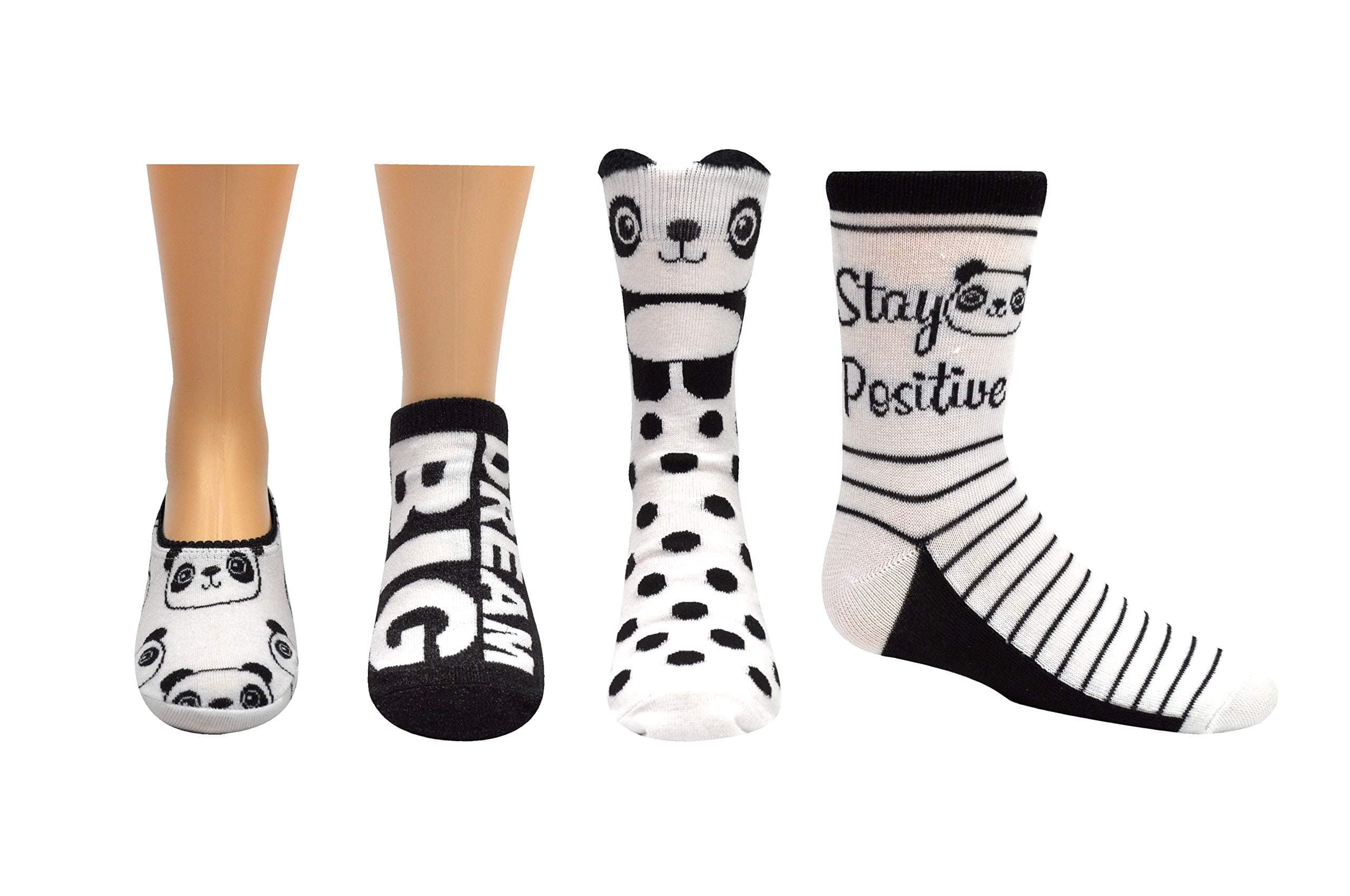 Glitter Socks Panda Teens Merchandise Girls (4 Pair) - Earth 2 Jane Fashion Low Cut Crew Socks - Fits Shoe Size: 3-9 (Girls) Age 10-15