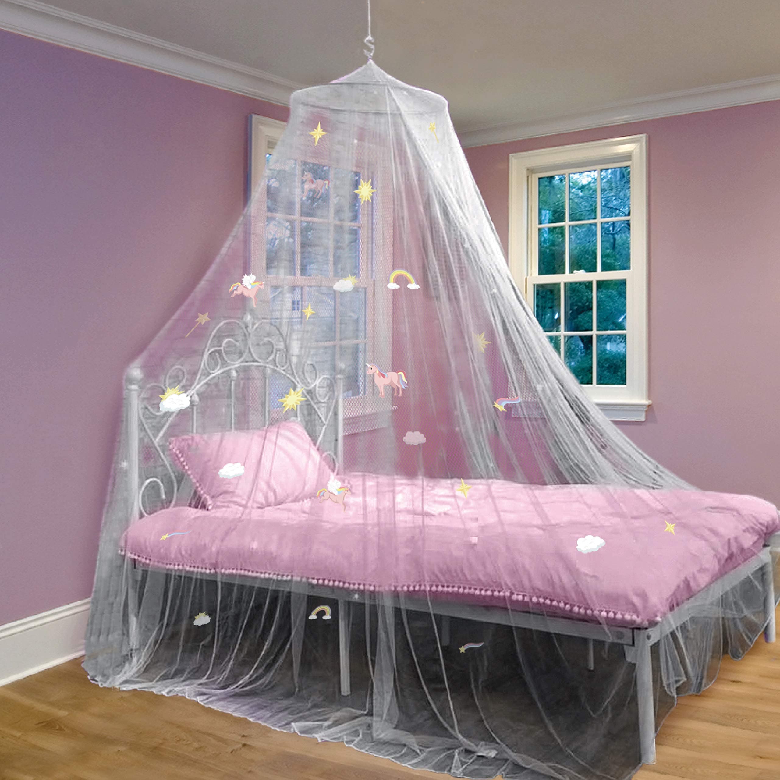 Bed Canopy for Girls Bed with Glowing Stars - Princess Room Decor, Ceiling Net to Cover Toddler | Full, Twin Size Kids Bed Curtains, Fire Retardant Fabric (White - Unicorn)