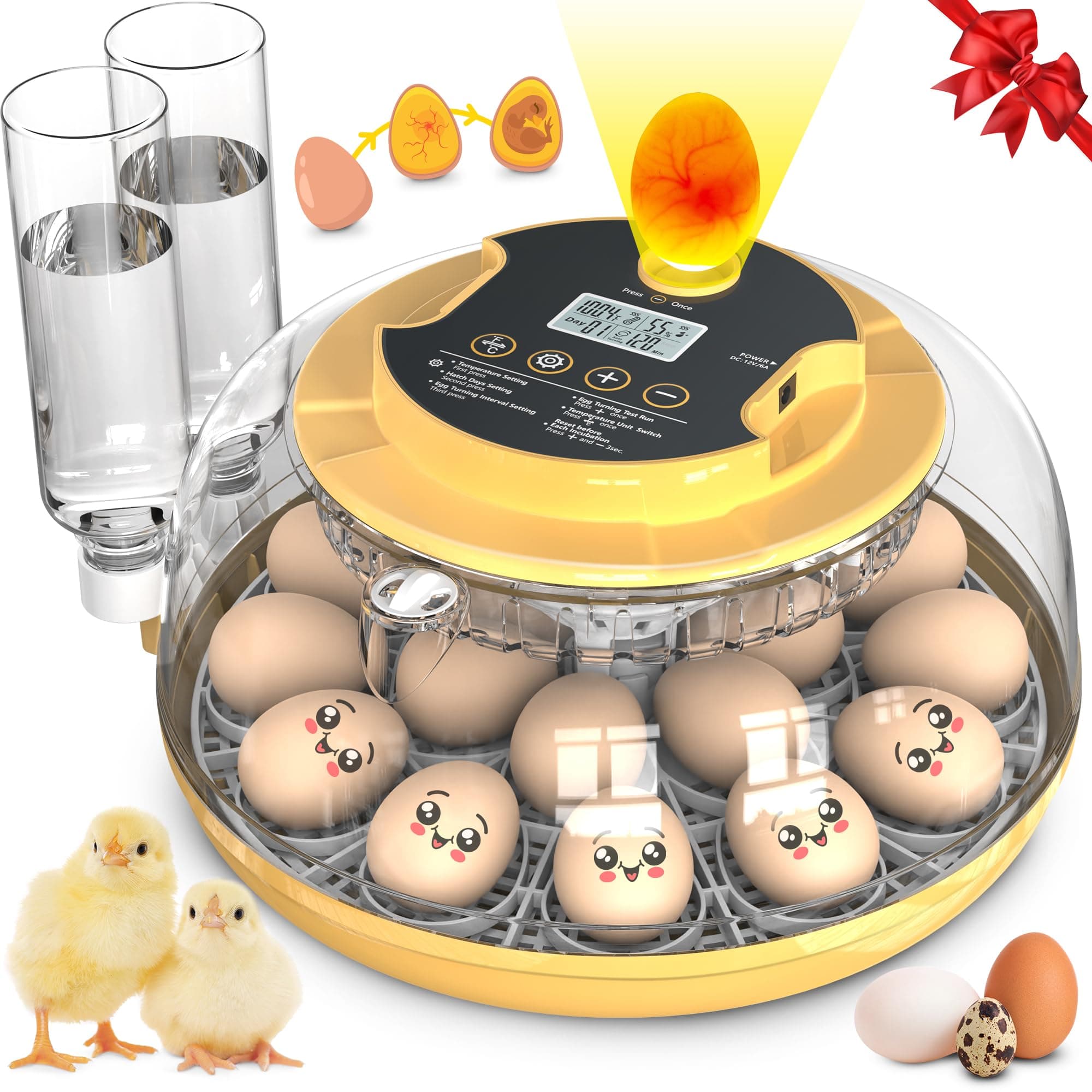 18 Egg Incubator with Automatic Egg Turning and Humidity Control, Chicken Incubator for Hatching Eggs with Temperature Display, Auto Record, Egg Candler, Extra 2 Water Bottles & 2 Egg Trays