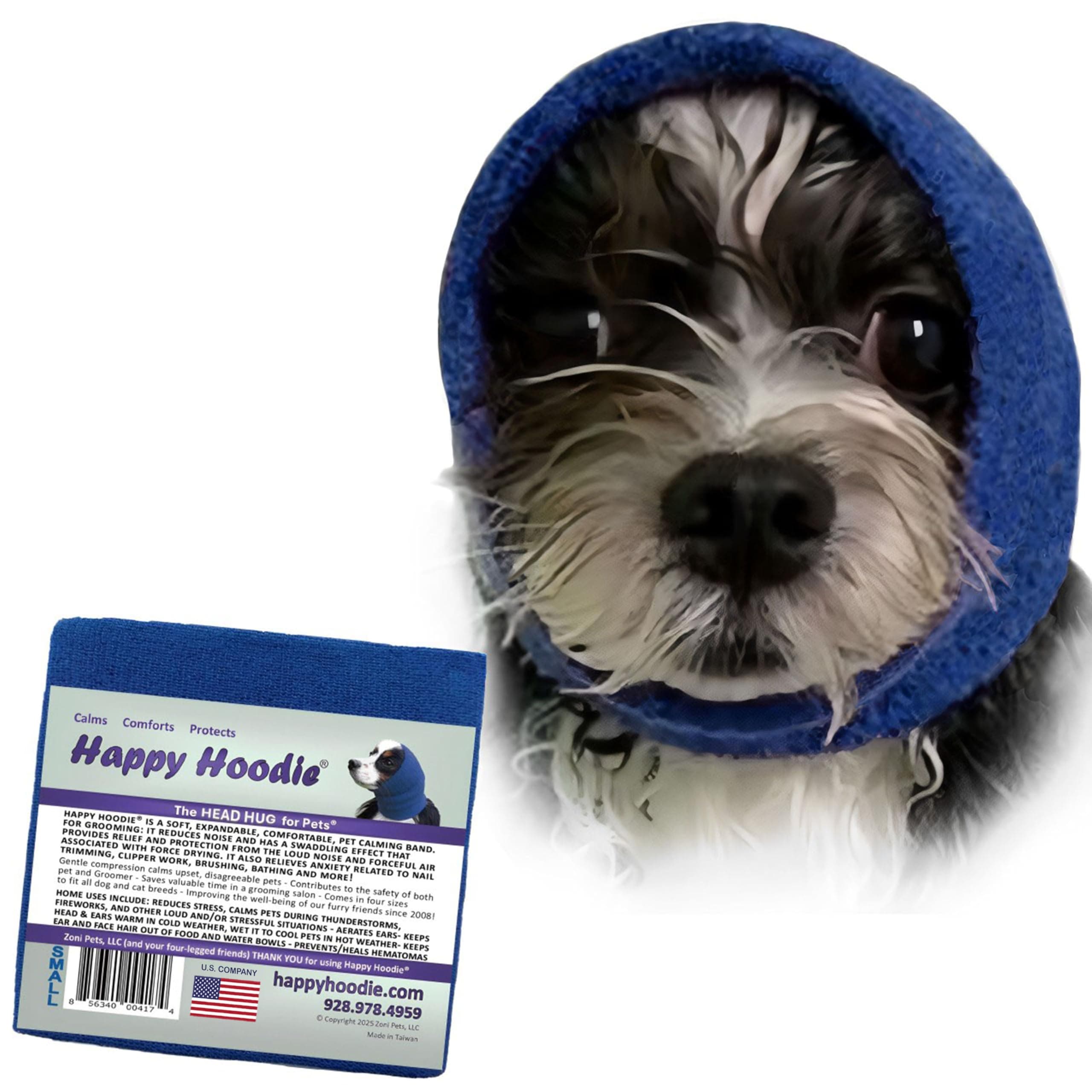 Happy Hoodie The Original Dog & Cat Calming Band - American Brand - Anxiety Relief/Noise Protection-Grooming-Thunder-Fireworks (Small, Blue) - Since 2008