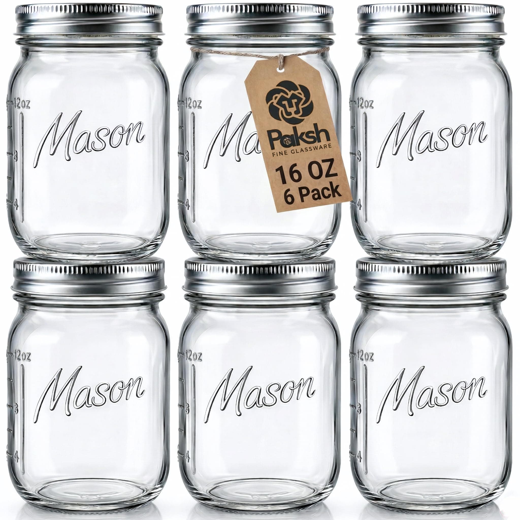 Paksh Novelty Mason Jars 16 oz - 6-Pack Regular Mouth Glass Jars with Lid & Seal Bands - Airtight Container for Pickling, Canning, Candles, Home Decor, Overnight Oats, Fruit Preserves, Jam or Jelly