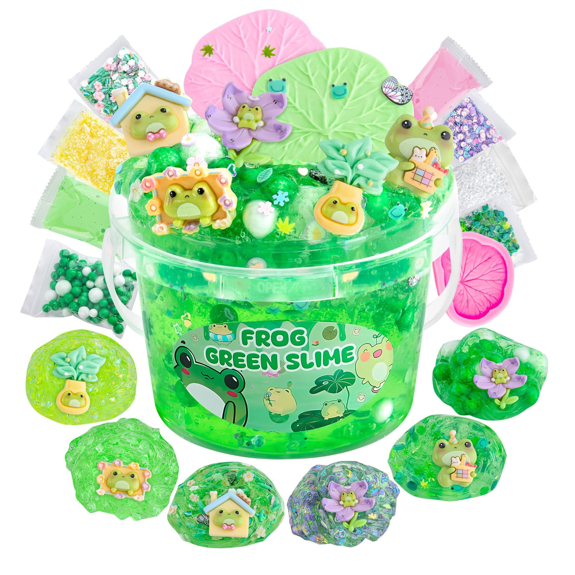 LAWOHO 300ml Frog Slime Kit with Clay, Green Clear Slime Bucket for Girls & Boys with 9 Packs Frog Add-Ins for Kids Slime Toys, Non Stick Slime Making Kit for Birthday Halloween Christmas Easter Gifts