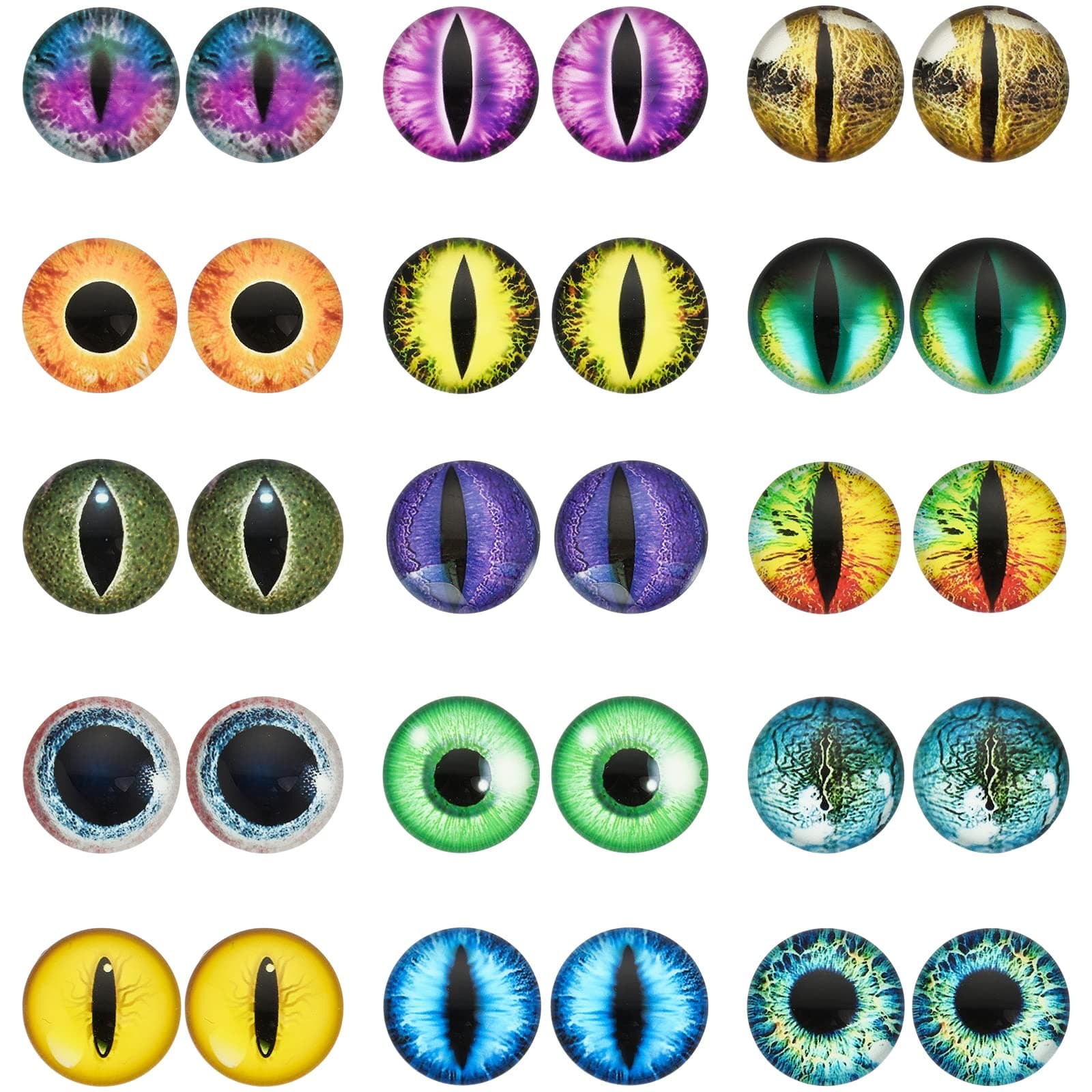 CHGCRAFT 30Pcs Luminous Cat Eyes Glass Cabochons Glow in The Dark Half 15 Style Round Animal Eyes Flatbacks Googly Eyes for DIY Craft Necklace Bracelet Making, 20mm