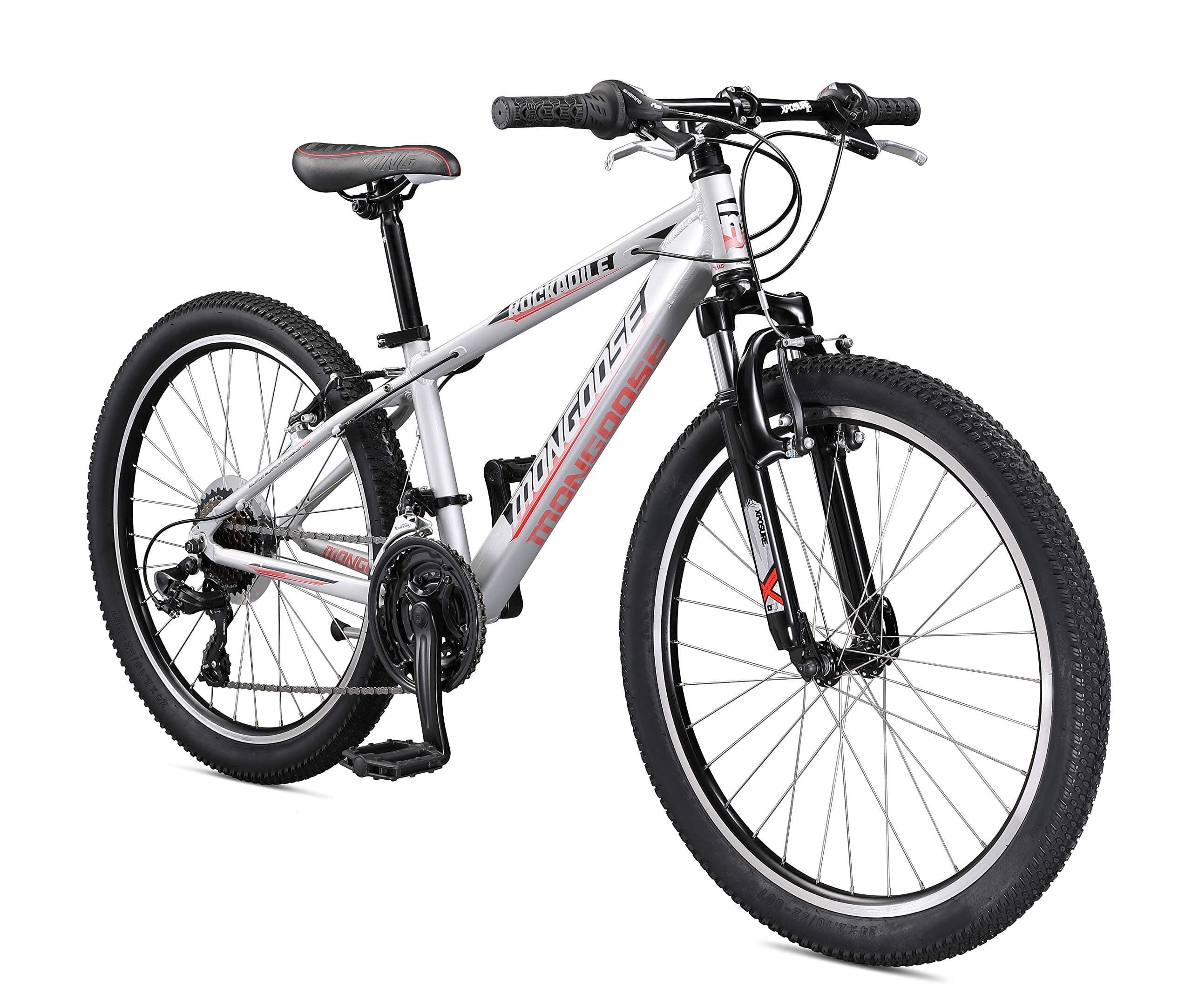 Mongoose Rockadile Hardtail Mountain Bike for Kid's Boys and Girls, 20 or 24 -Inch Wheels, Aluminum Frame, 7 or 21-Speed Drivetrain Options, Front Suspension Fork