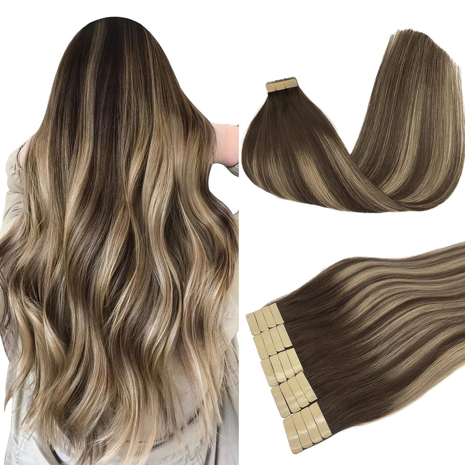 DOORES Tape in Hair Extensions - Human Remy Balayage Chocolate Brown to Honey Blonde, 16 Inch, 20pcs 50g - Skin Weft Real Hair