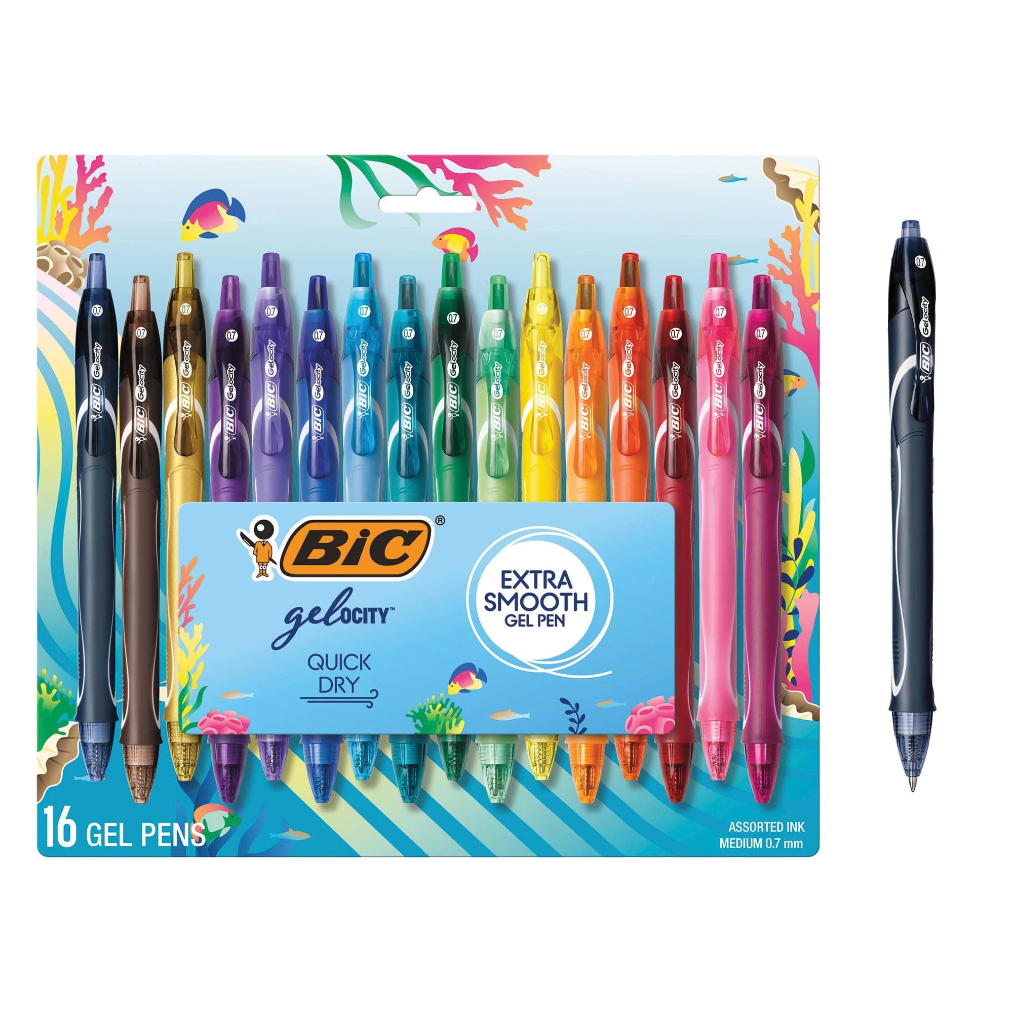 BIC Gel-ocity Quick Dry Ocean Themed Gel Pens, Medium Point (0.7mm), 16-Count Gel Pen Set, Colored Gel Pens for Note Taking and Journaling