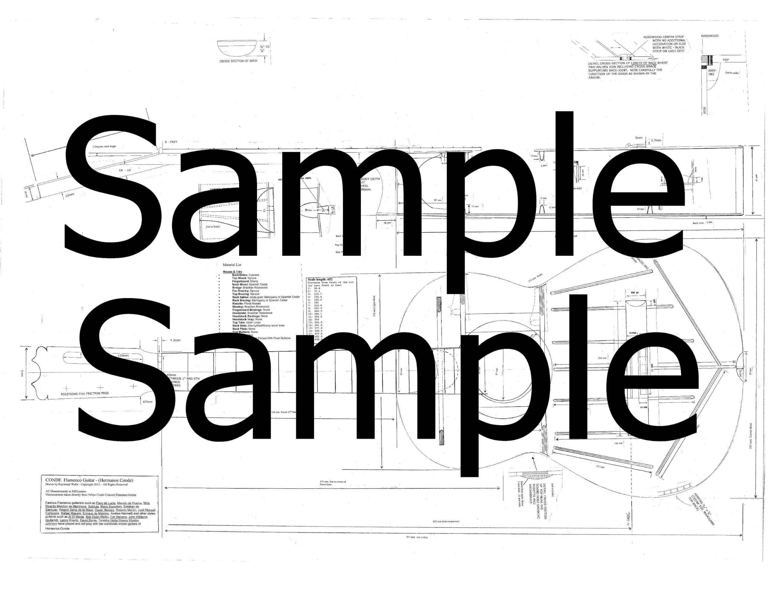 Flamenco Guitar PLANS - Full Scale Actual Size plans - Conde hermanos spanish flamenco plans