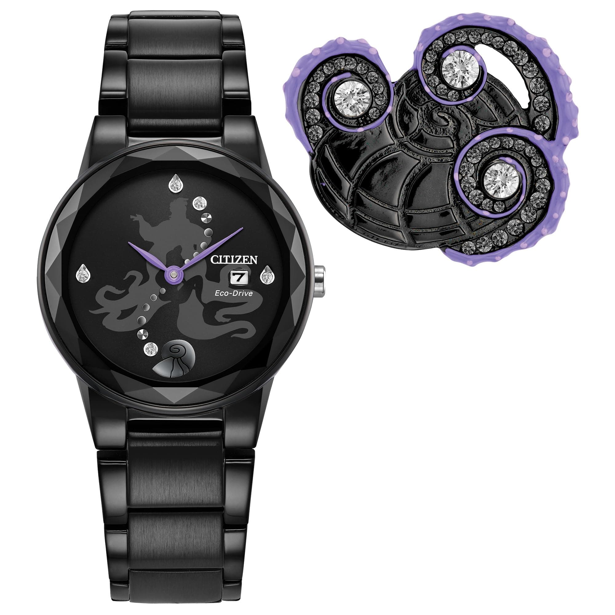 Women's Eco-Drive Disney Villian Ursula Crystal Watch and Pin Gift Set in Black Ion Plated Watch, Black Dial (Model: GA1075-68W)
