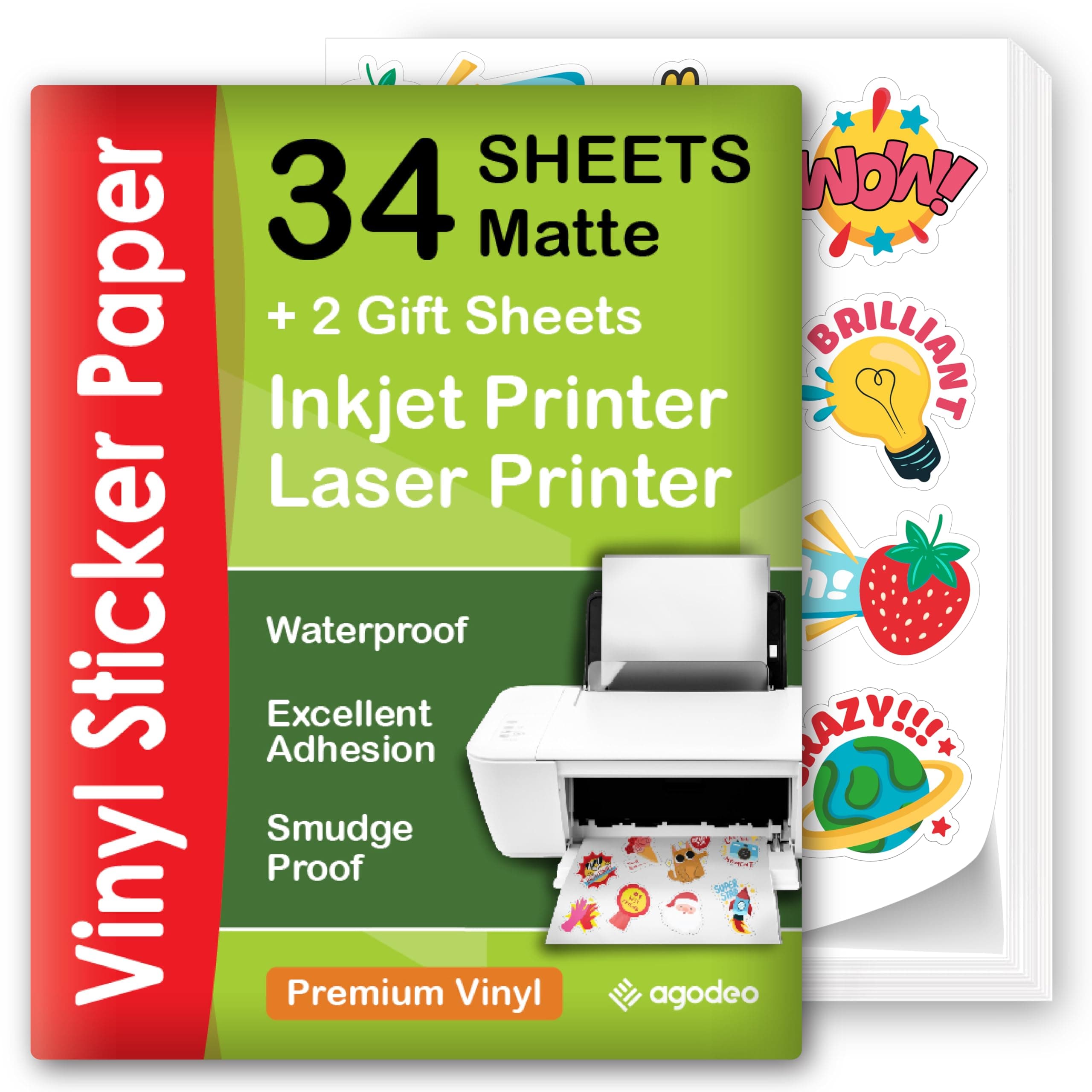 Premium Printable Vinyl Sticker Paper for Inkjet Printer - 34 Sheets Self-Adhesive Sheets Matte White Waterproof, Dries Quickly Vivid Colors, Holds Ink Well - Tear Resistant