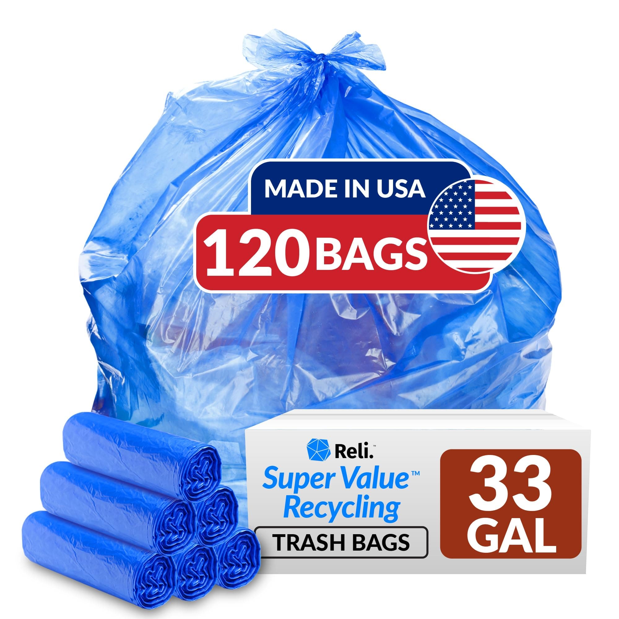 SuperValue 33 Gallon Recycling Bags (120 Count) Made in the USA - Blue Trash Bags, 30-33 Gallon | Recycling, Garbage | 33Gal with 30Gal - 35Gal Capacity