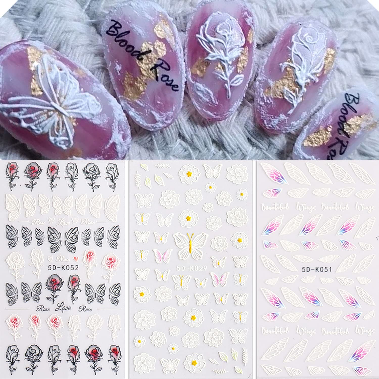 Rose Nail Art Sticker 5D Exquisite Embossed Self-Adhesive Decoration Black White Butterfly Wings Rose Flower Feather Carving Design Acrylic Nail Art 3 Sheet