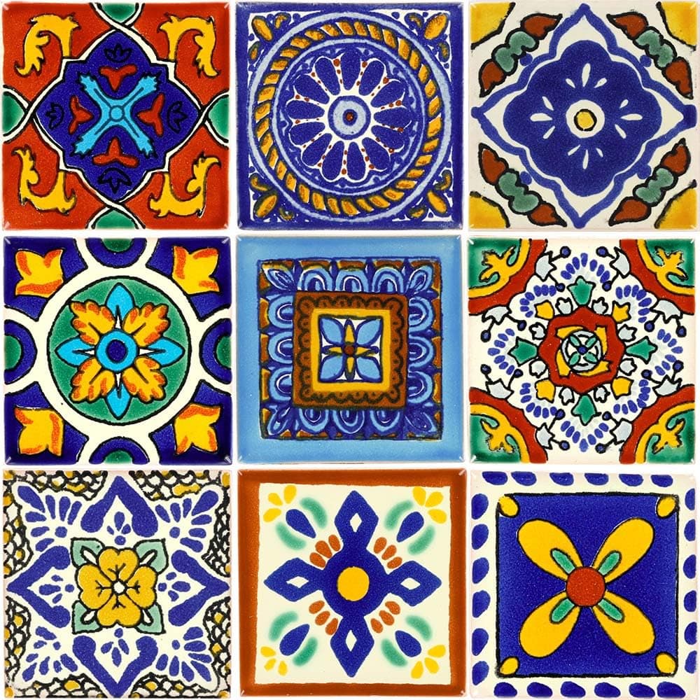 Tile Set of 9 Individual 2x2 Mixed Ceramic Talavera Mexican Tiles