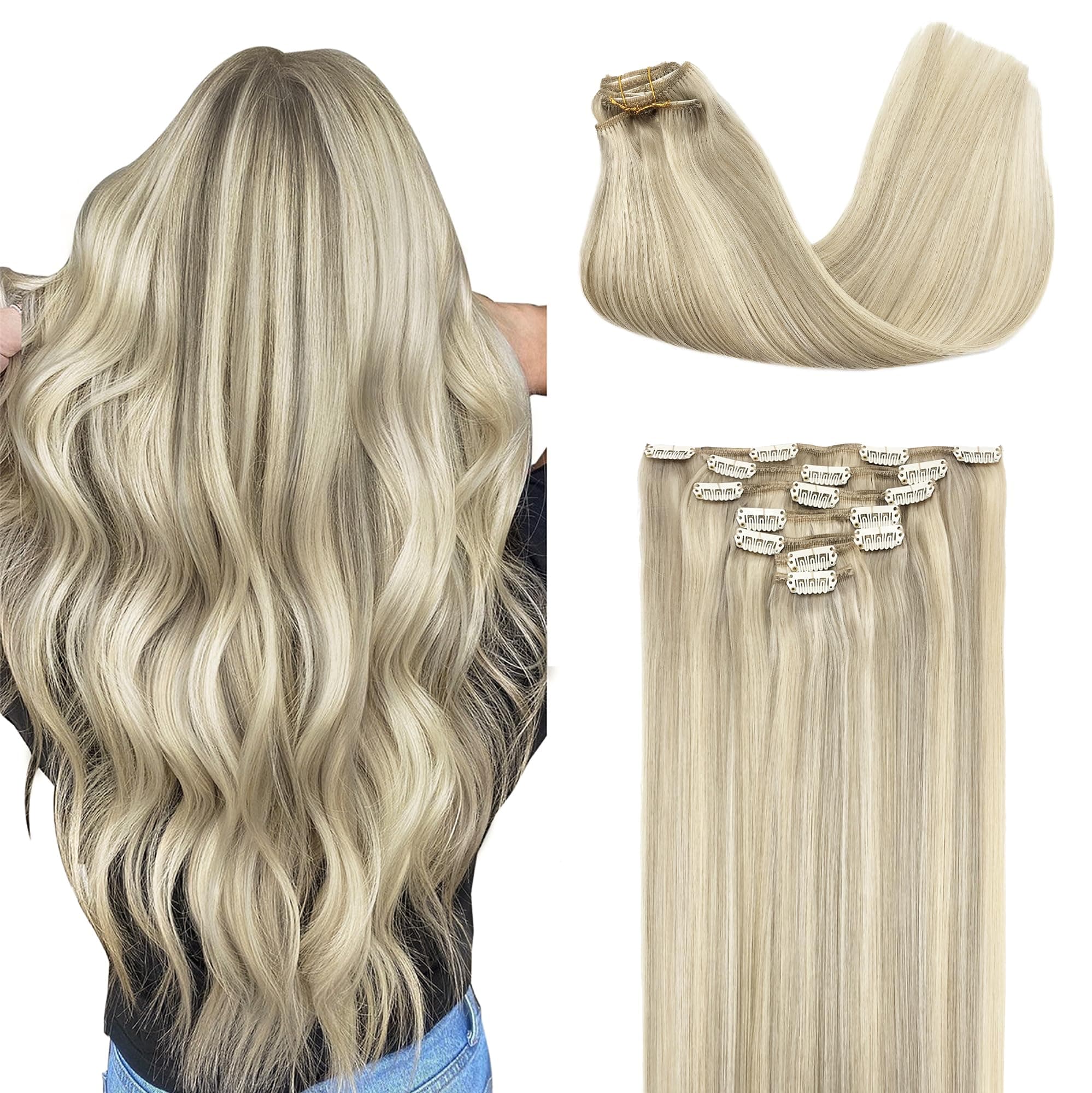 GOO GOO Clip in Hair Extensions Real Human Hair, Remy Human Hair Extensions Clip ins for Women, Natural Human Hair, 16inch 120g 7Pcs, 17A/60A Ash Blonde Highlighted Platinum Blonde